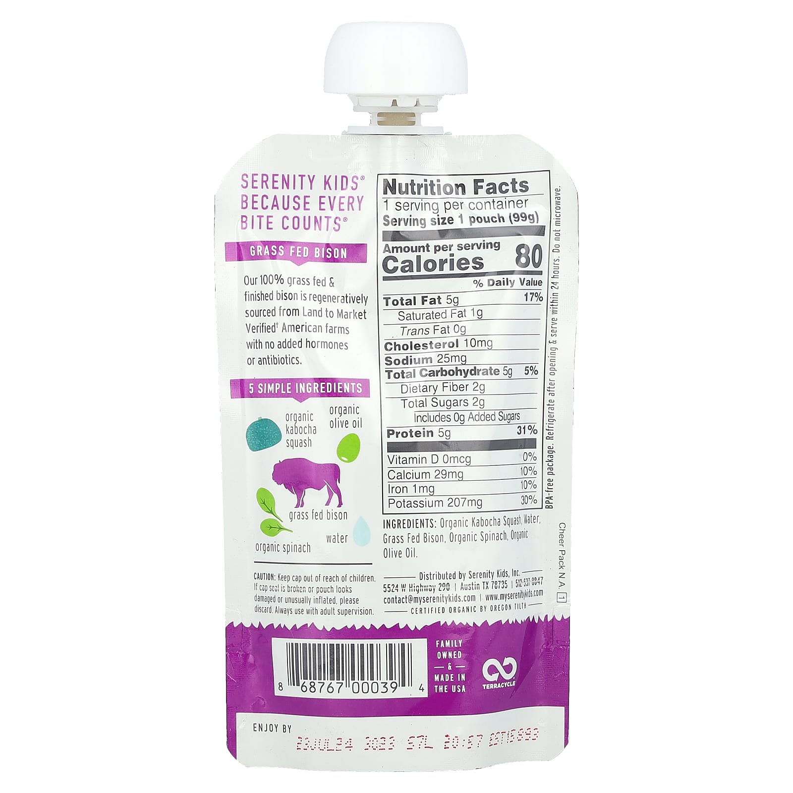 Serenity Kids, Bison with Organic Kabocha Squash & Spinach, 6+ Months, 3.5 oz (99 g) - Image 2