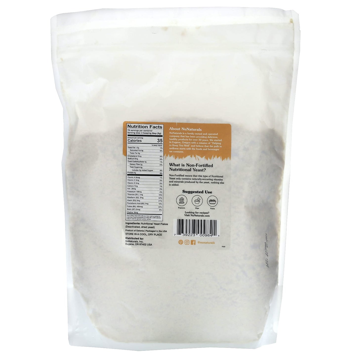 NuNaturals, Non-Fortified Nutritional Yeast Flakes, 1.5 lb (681 g) - Image 2