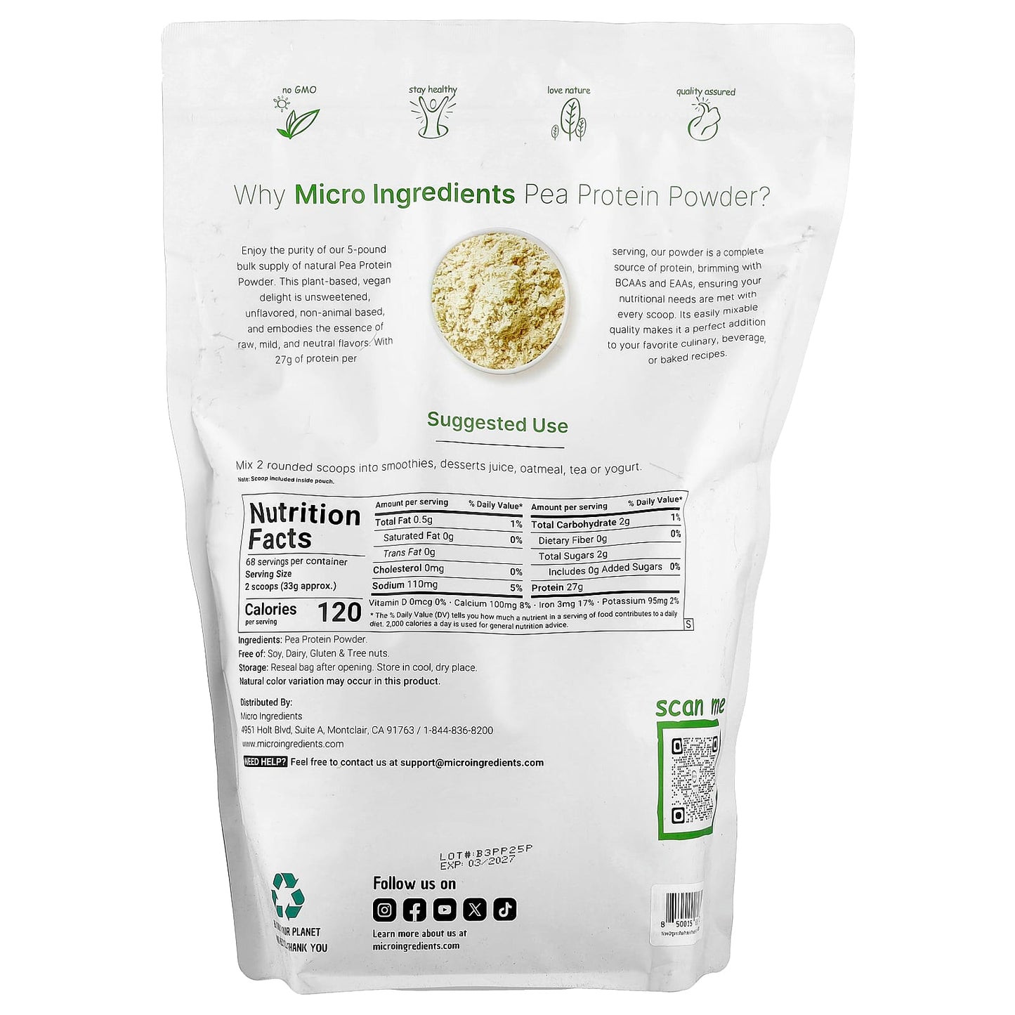 Micro Ingredients, Pea Protein Powder, Unflavored, 5 lb (2.26 kg) - Image 2