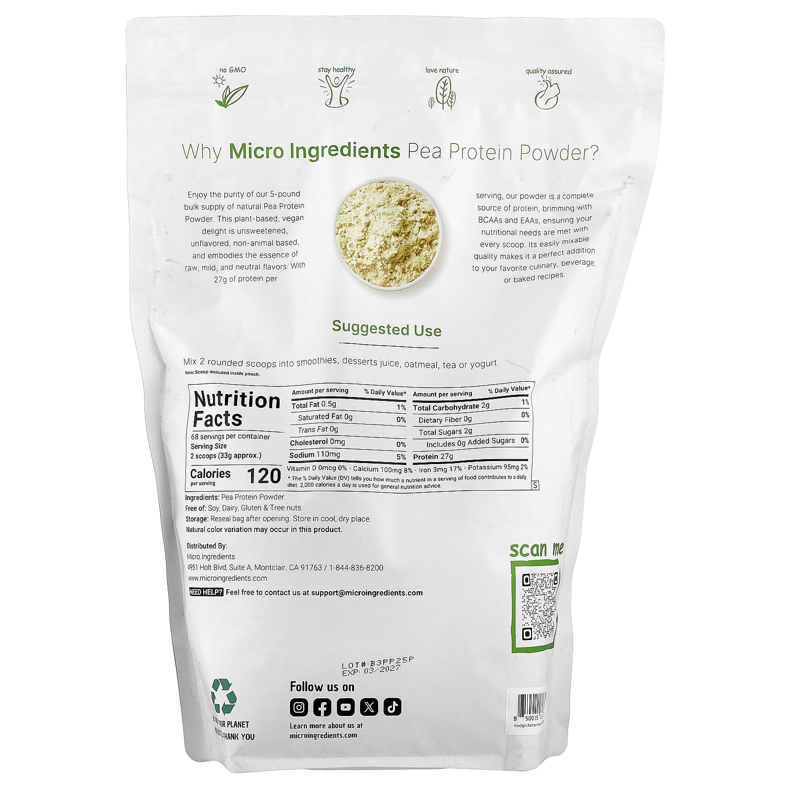 Micro Ingredients, Pea Protein Powder, Unflavored, 5 lb (2.26 kg) - Image 2