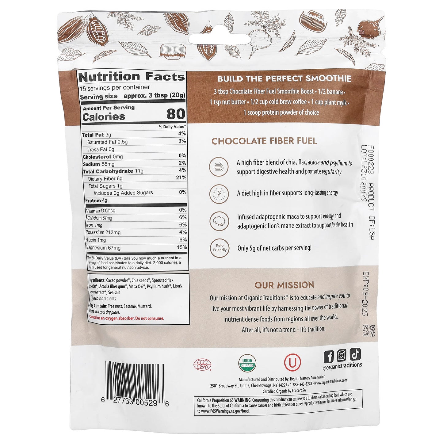 Organic Traditions, Fiber Fuel Smoothie Boost, Chocolate, 10.6 oz (300 g) - Image 2