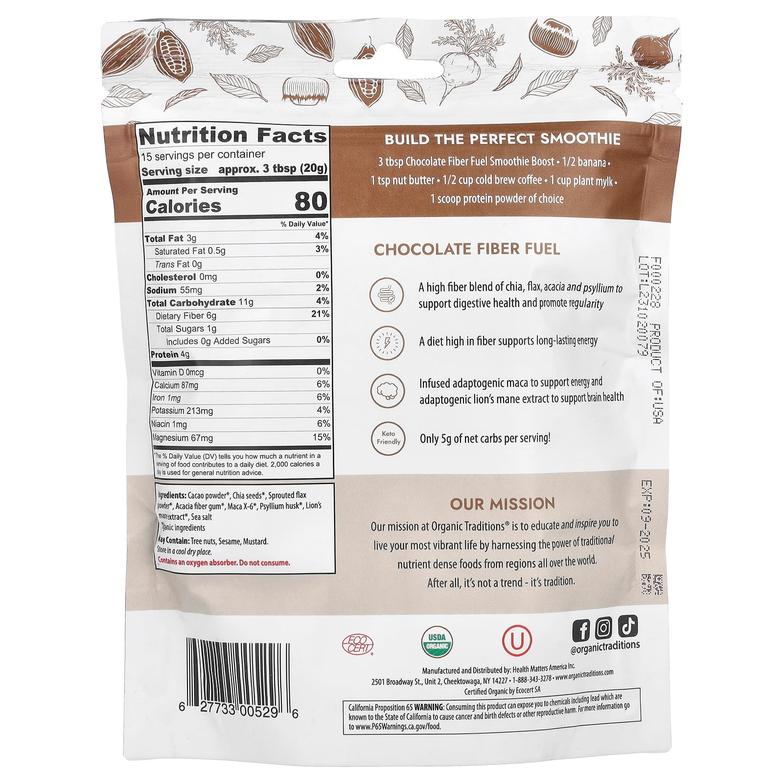 Organic Traditions, Fiber Fuel Smoothie Boost, Chocolate, 10.6 oz (300 g) - Image 2