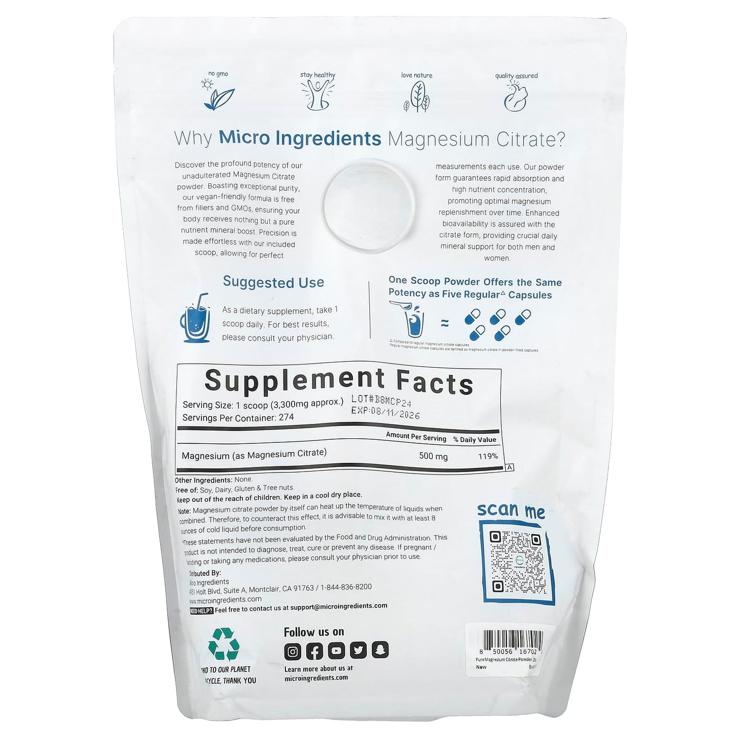Micro Ingredients, Magnesium Citrate, Unflavored, 2 lb (907 g) - Image 2