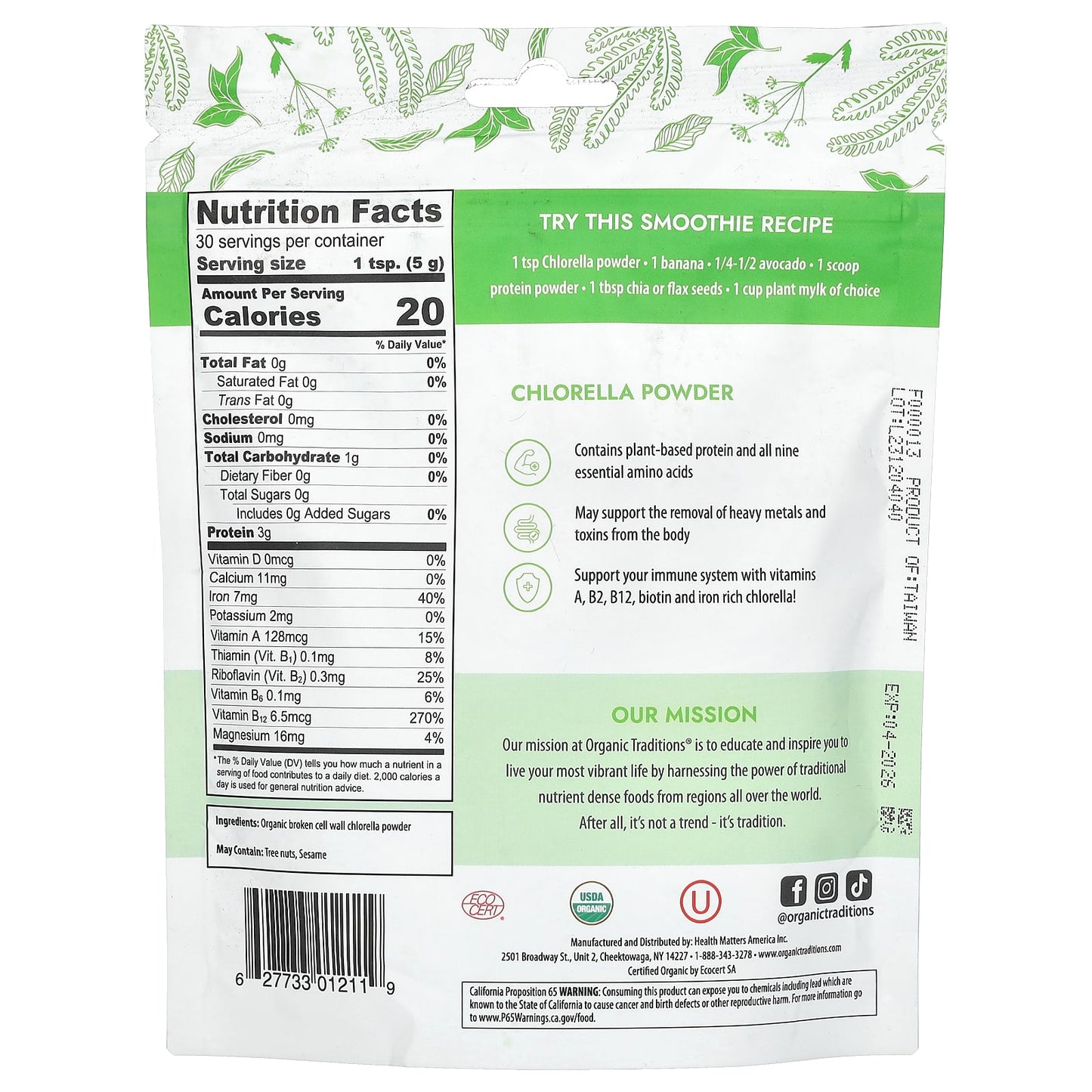 Organic Traditions, Chlorella Powder, 5.3 oz (150 g) - Image 2