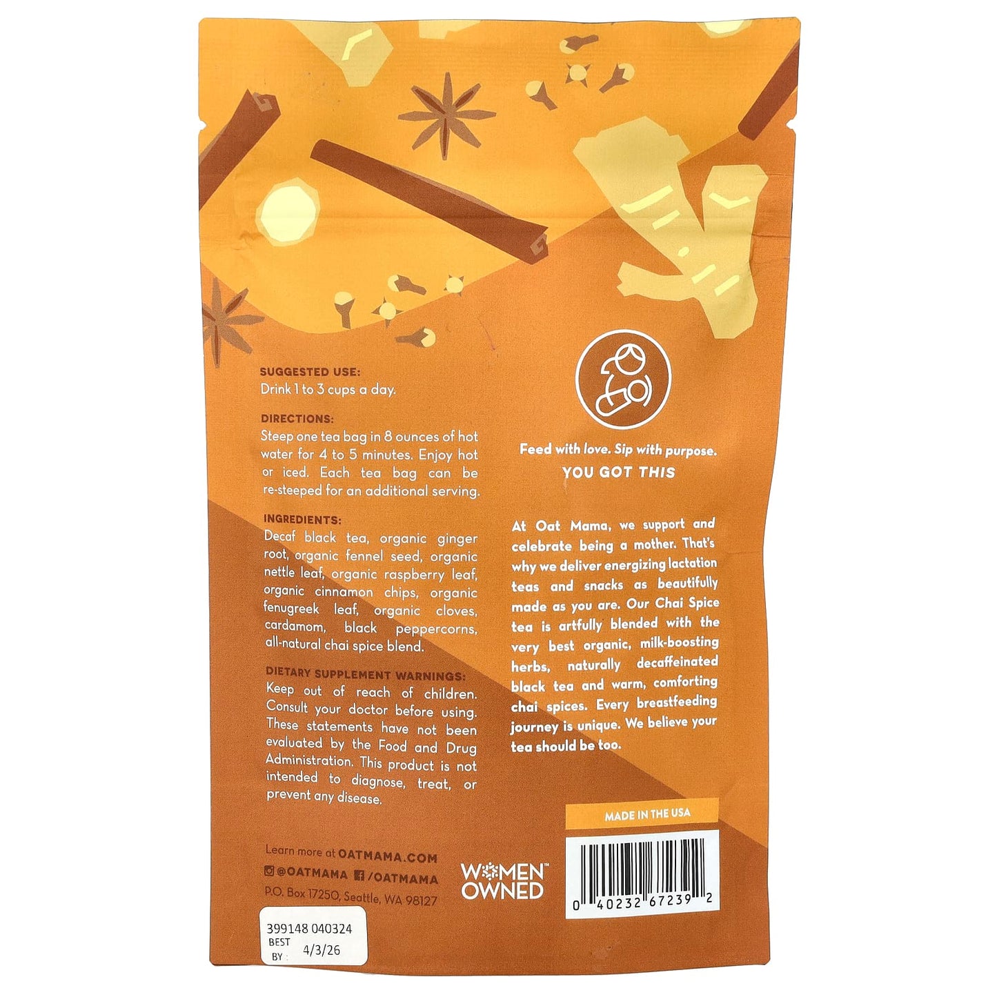 Oat Mama, Lactation Tea, Chai Spice, Caffeine Free, 14 Tea Bags, 32 g - Image 2