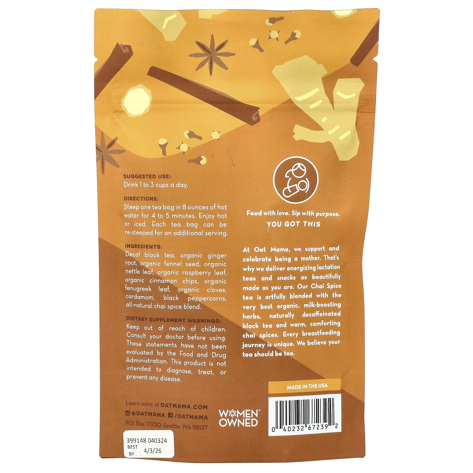 Oat Mama, Lactation Tea, Chai Spice, Caffeine Free, 14 Tea Bags, 32 g - Image 2