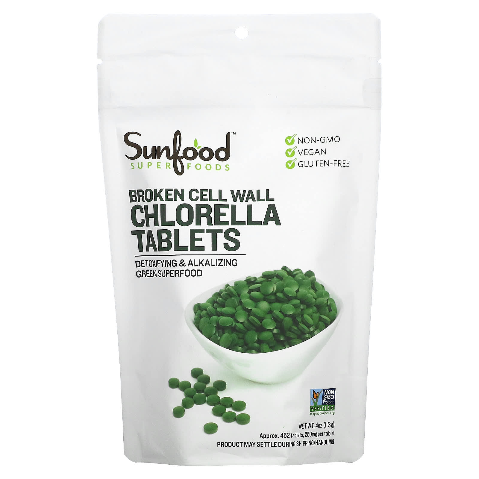 Sunfood, Broken Cell Wall Chlorella Tablets, 250 mg, 452 Tablets, 4 oz (113 g) - Image 1