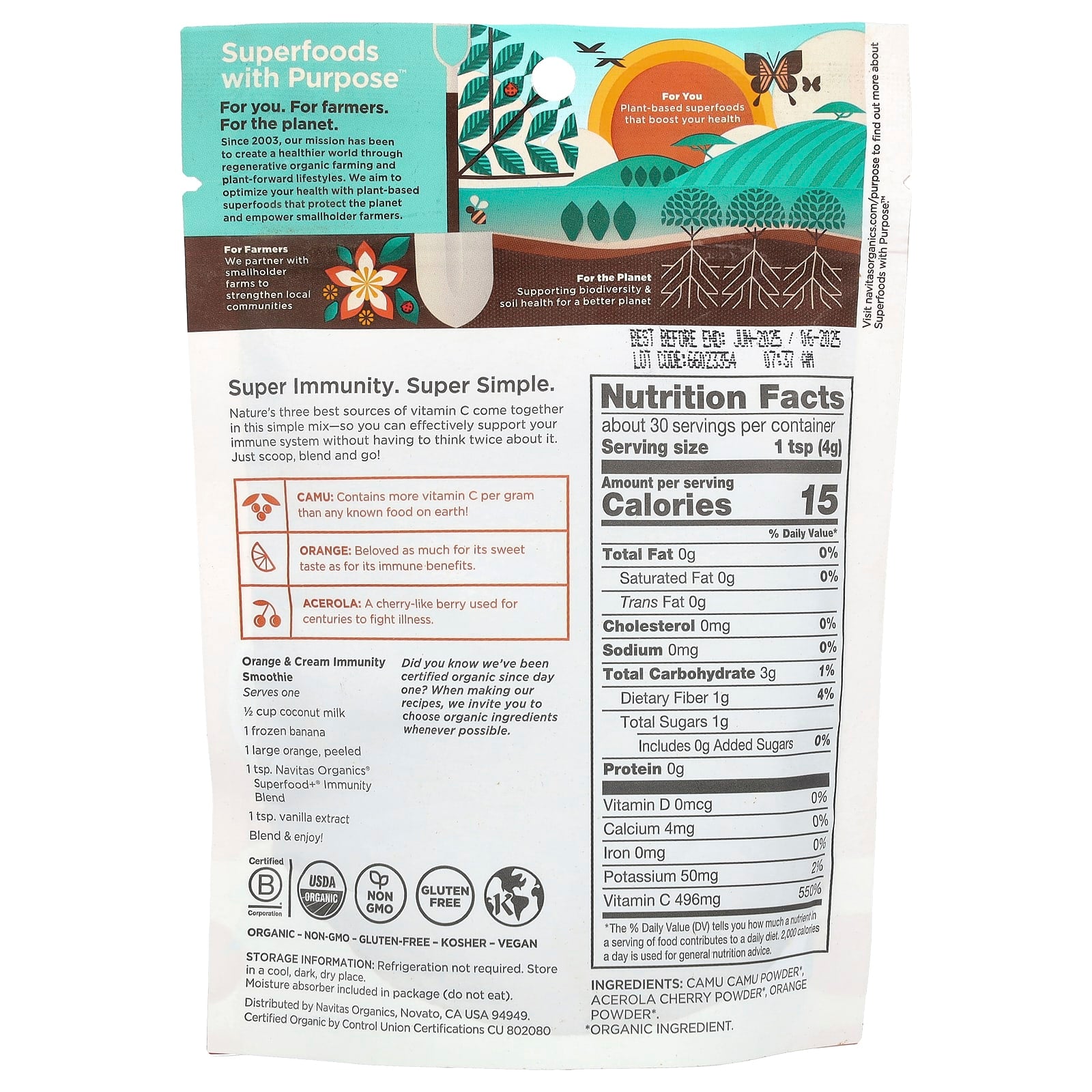 Navitas Organics, Organic Superfood+® Immunity Blend, Vitamin C Powerhouse, Camu + Orange + Acerola Cherry, 4.2 oz (120 g) - Image 2
