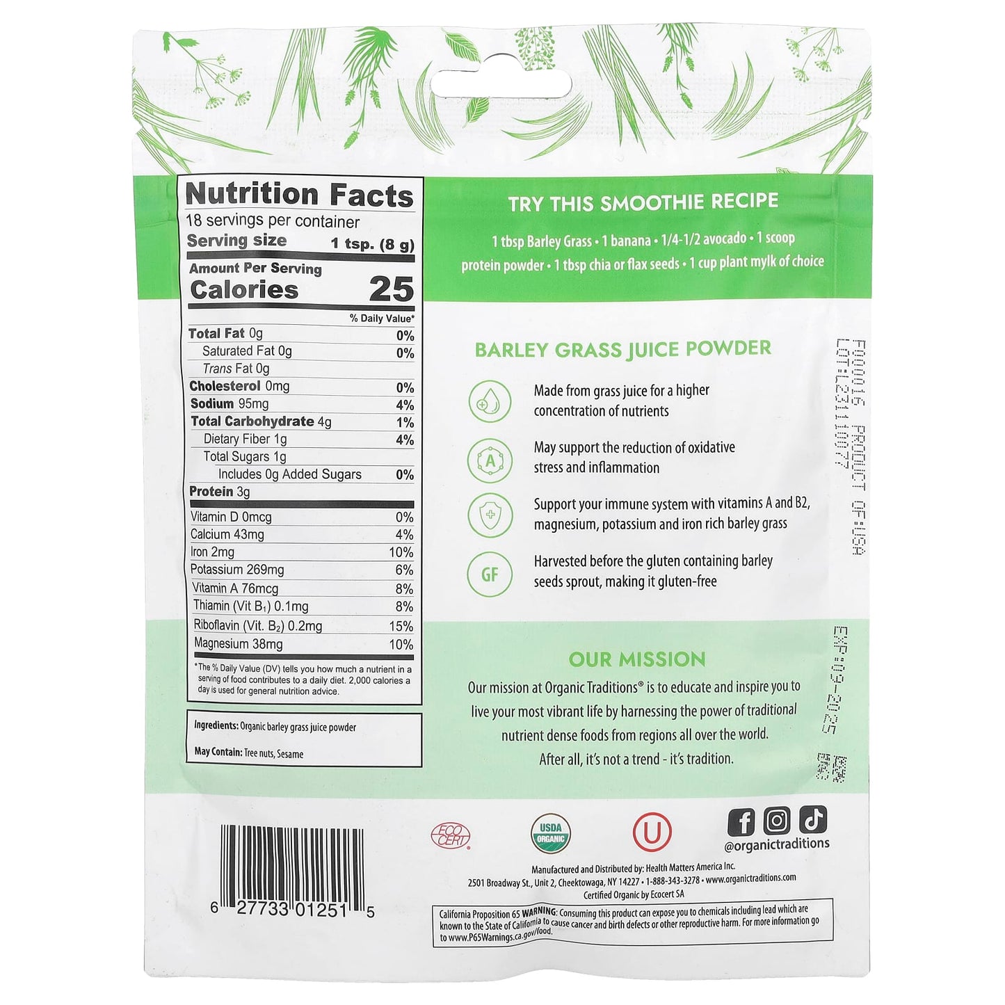 Organic Traditions, Barley Grass Juice Powder, 5.3 oz (150 g) - Image 2