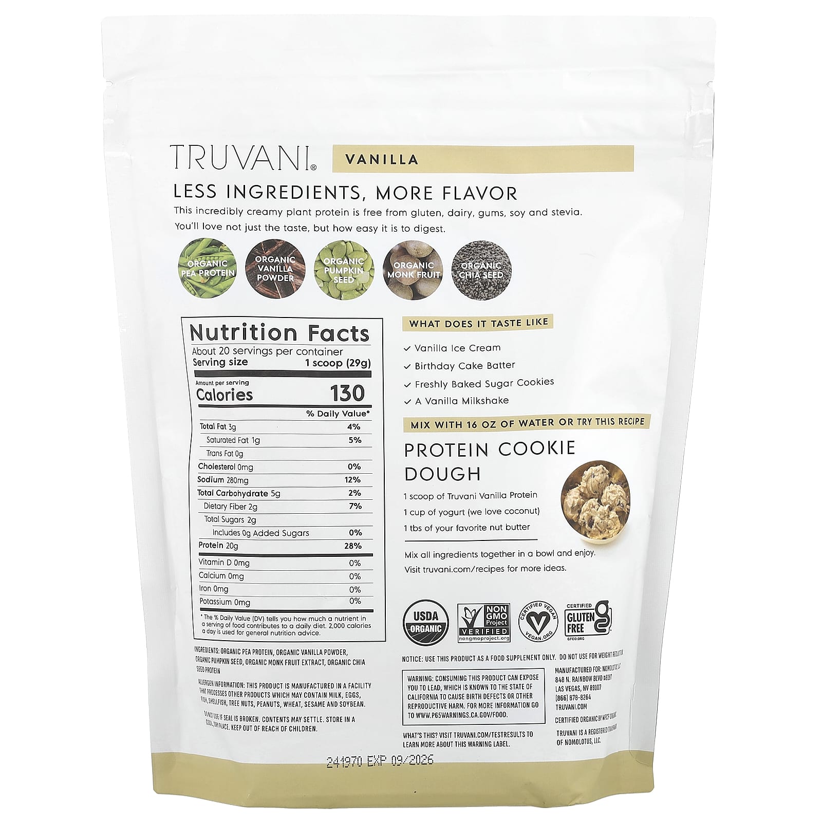 Truvani, Certified Organic Plant Based Protein, Vanilla, 1.3 lbs (594 g) - Image 2