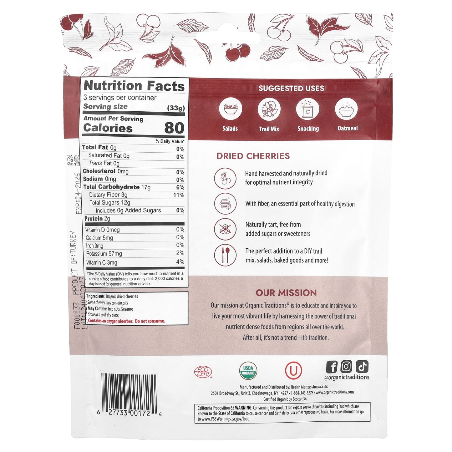 Organic Traditions, Dried Cherries, 3.5 oz (100 g) - Image 2