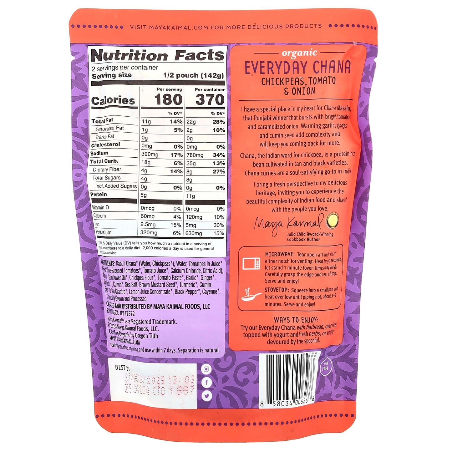 Maya Kaimal, Organic Everyday Chana, Chickpeas, Tomato & Onion, Mild, 10 oz (284 g) - Image 2