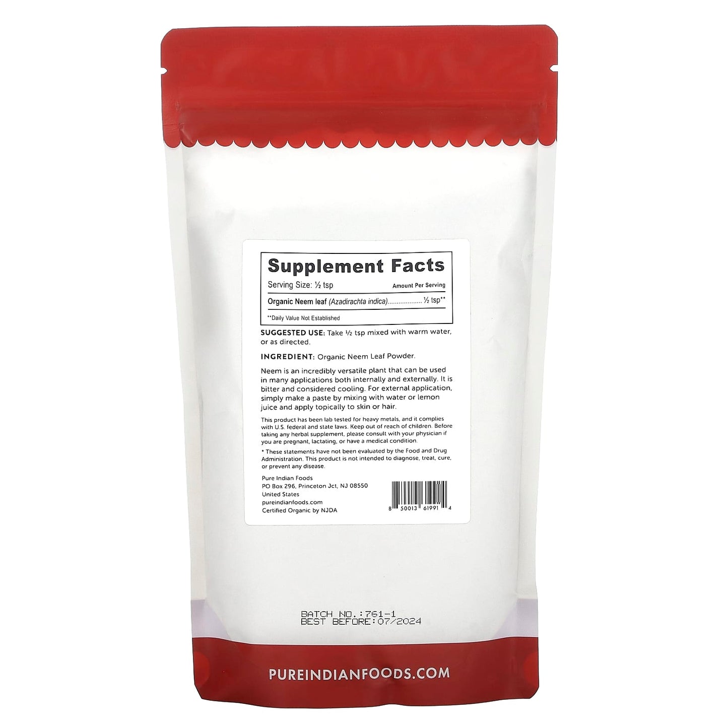 Pure Indian Foods, Organic Neem Leaf Powder, 8 oz (227 g) - Image 2