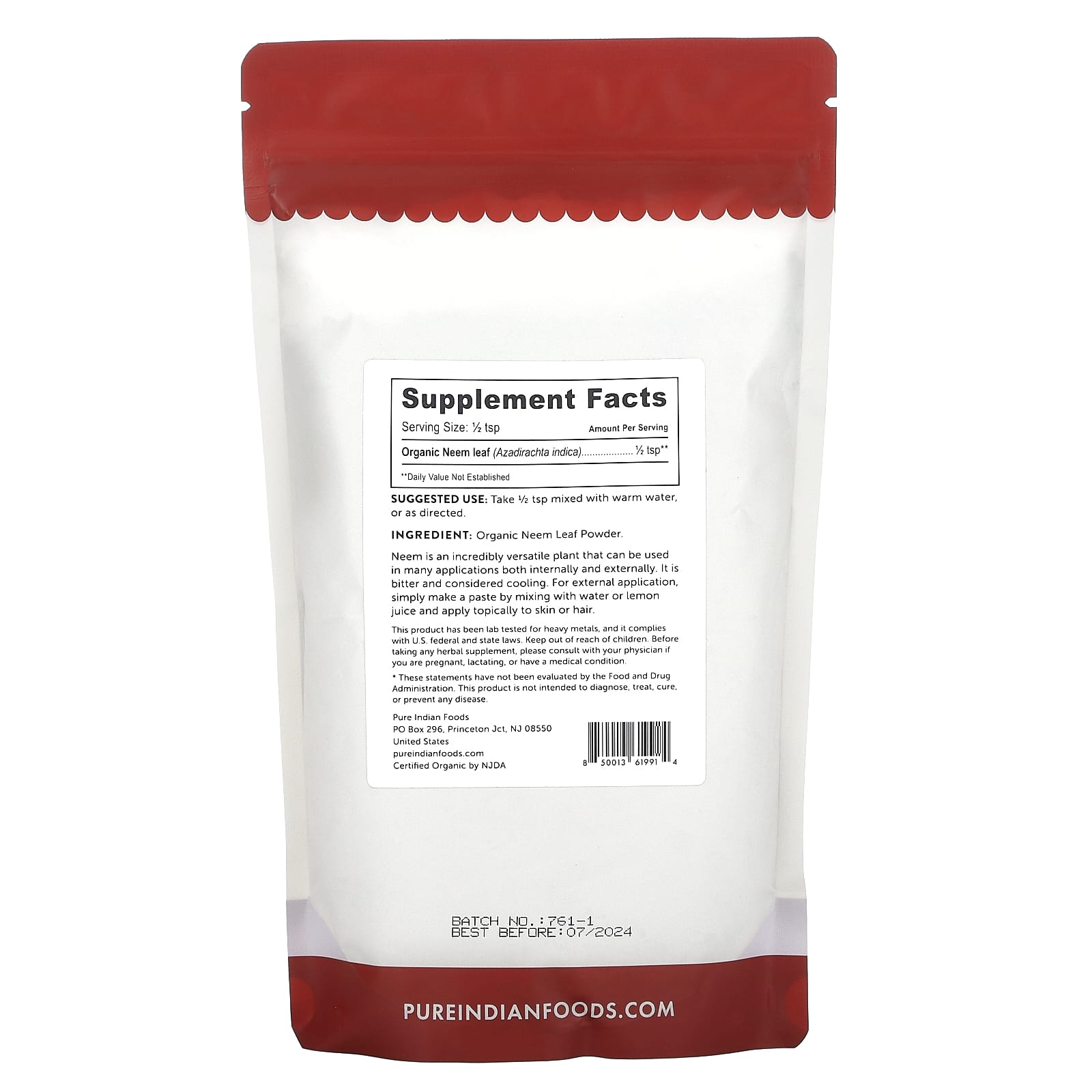 Pure Indian Foods, Organic Neem Leaf Powder, 8 oz (227 g) - Image 2