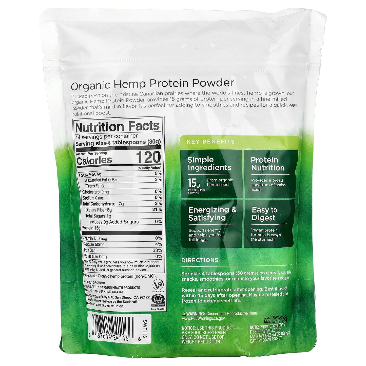 Swanson, Organic Hemp Protein Powder, 15 oz (425 g) - Image 2