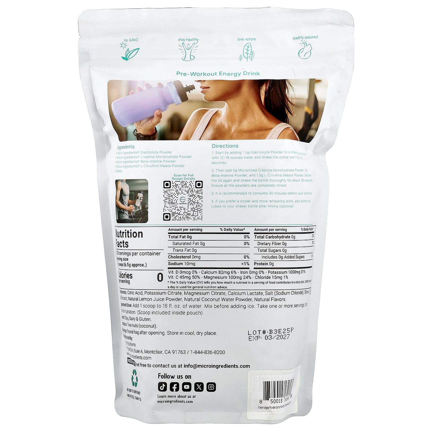 Micro Ingredients, Electrolyte Powder, Lemon & Raspberry, 2 lb (907 g) - Image 2