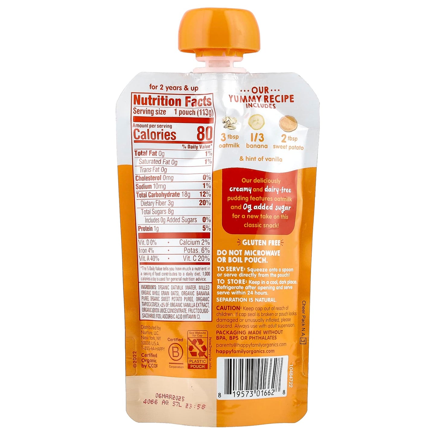 Happy Family Organics Oatmilk Pudding for Toddlers, 2+ Years, USDA Organic - Image 2