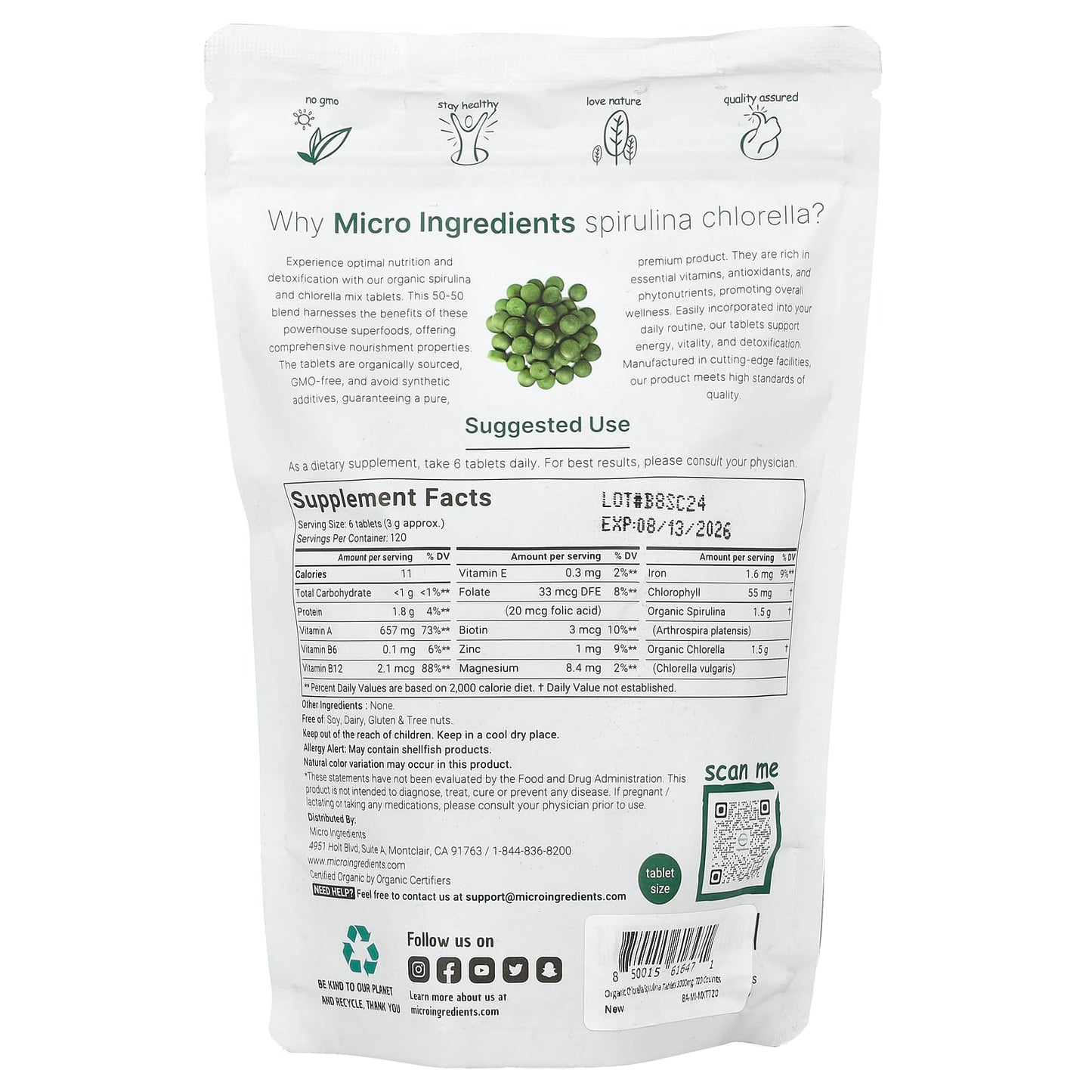 Micro Ingredients, Organic Spirulina Chlorella, 720 Tablets - Image 2