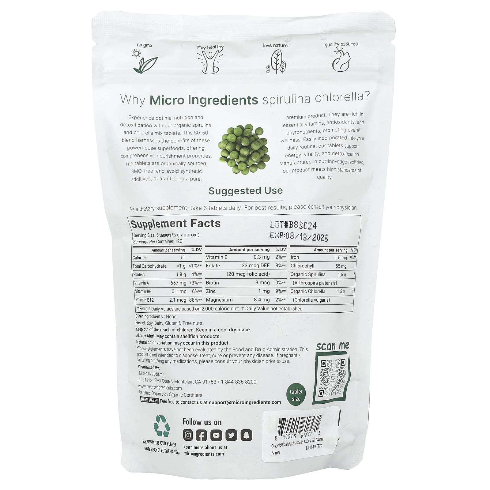 Micro Ingredients, Organic Spirulina Chlorella, 720 Tablets - Image 2