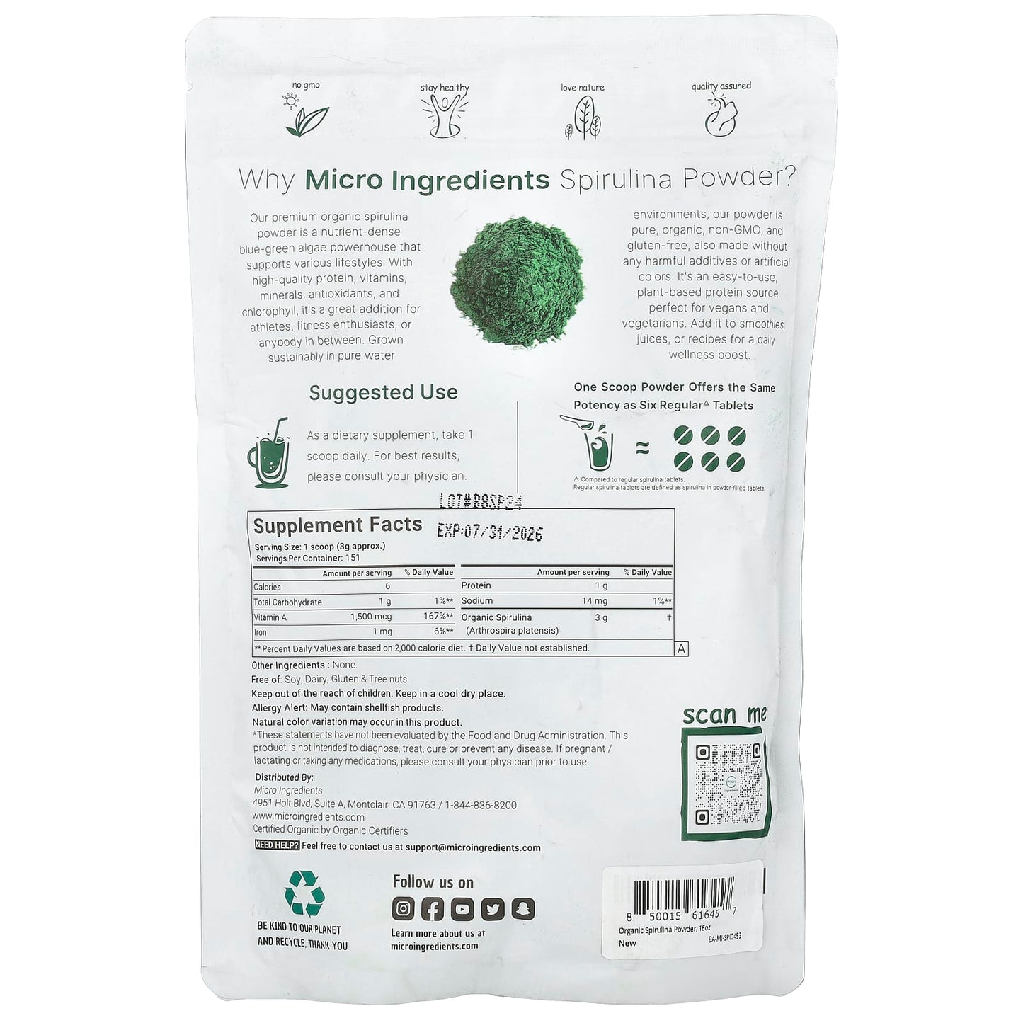 Micro Ingredients, Organic Spirulina Powder, 1 lb (454 g) - Image 2