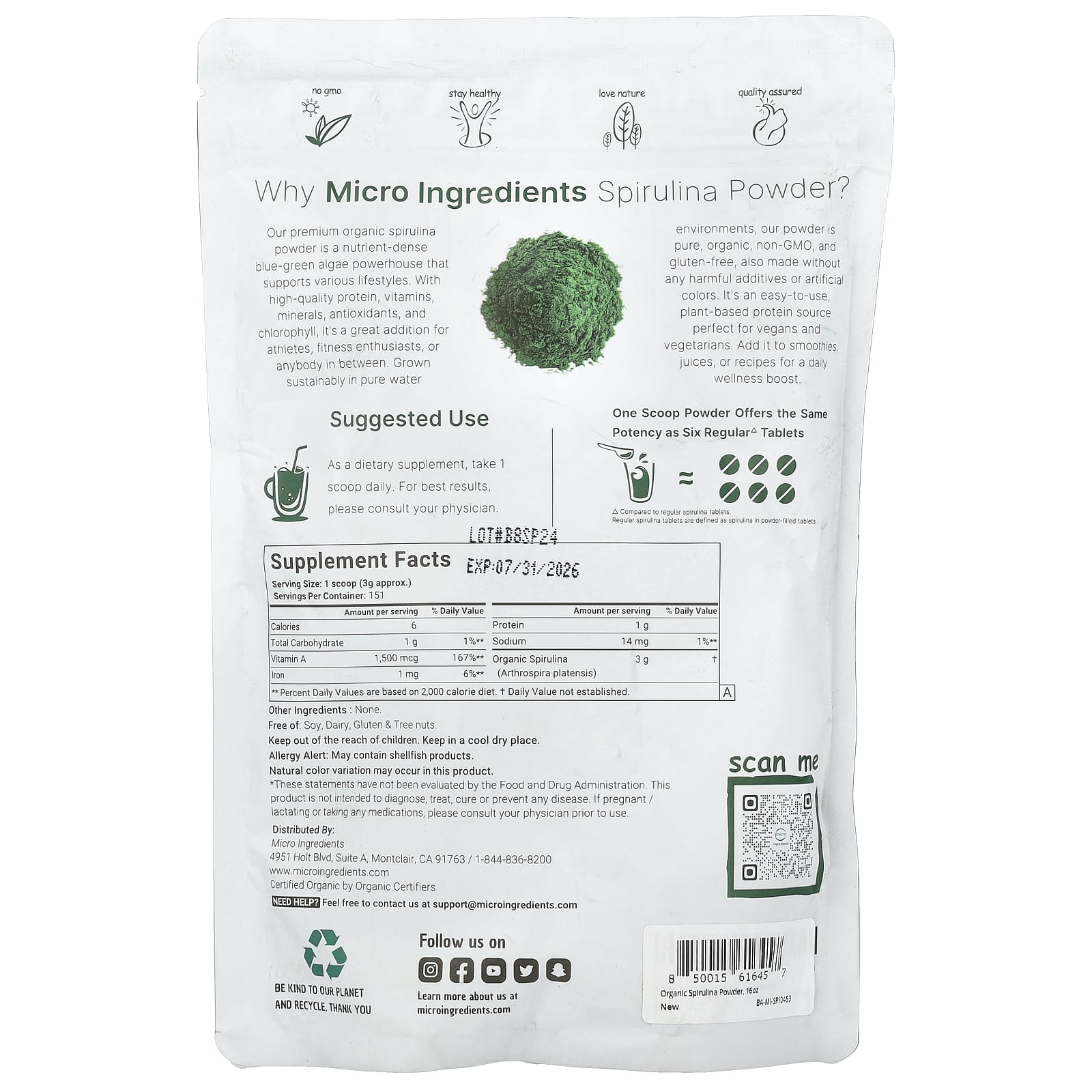 Micro Ingredients, Organic Spirulina Powder, 1 lb (454 g) - Image 2