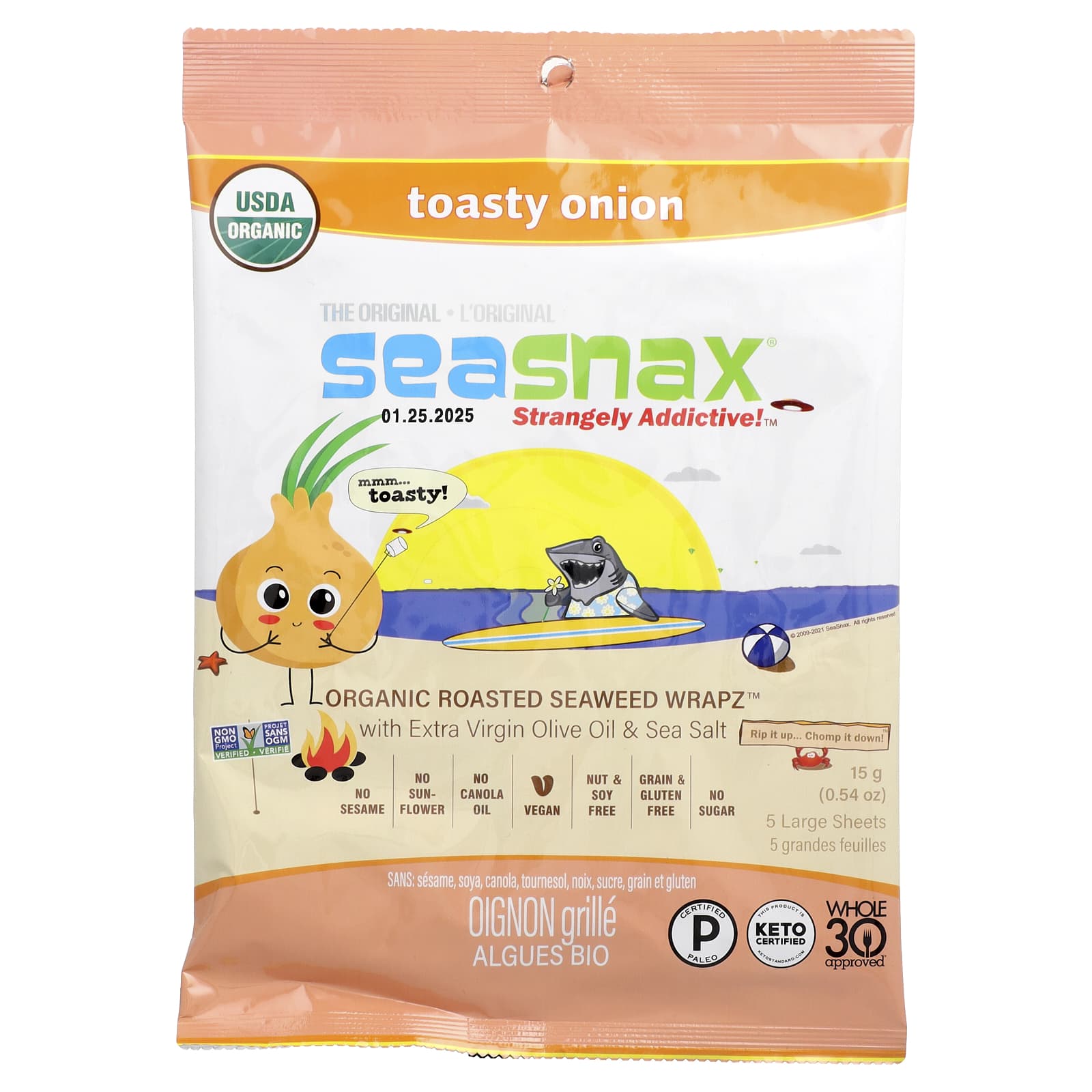 SeaSnax, Organic Roasted Seaweed Wrapz with Extra Virgin Olive Oil & Sea Salt, Toasty Onion, 5 Large Sheets, 0.54 oz (15 g) - Image 1