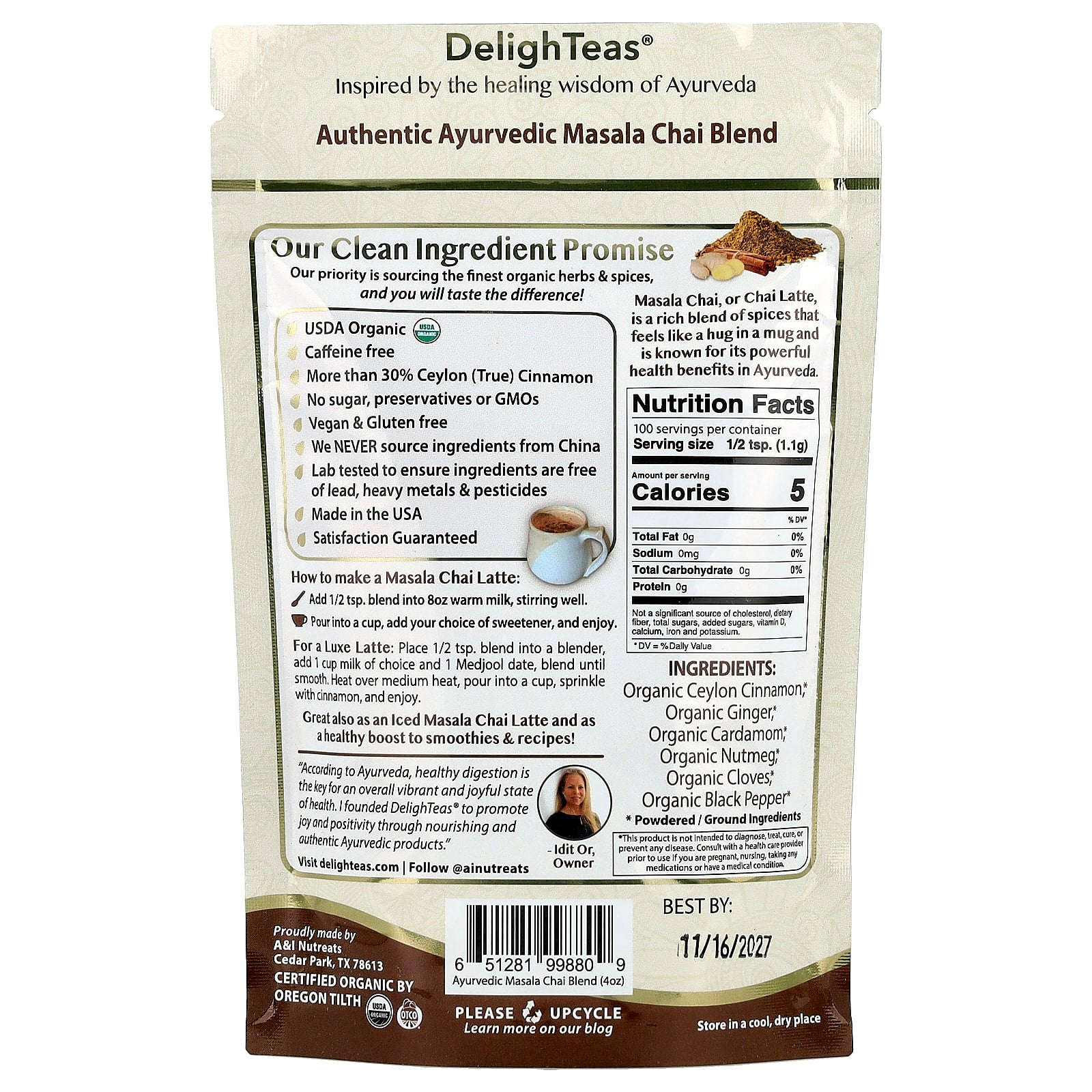 DelighTeas Ayurvedic Masala Chai Blend, Caffeine Free, 100 Cups, 4 oz - Image 2