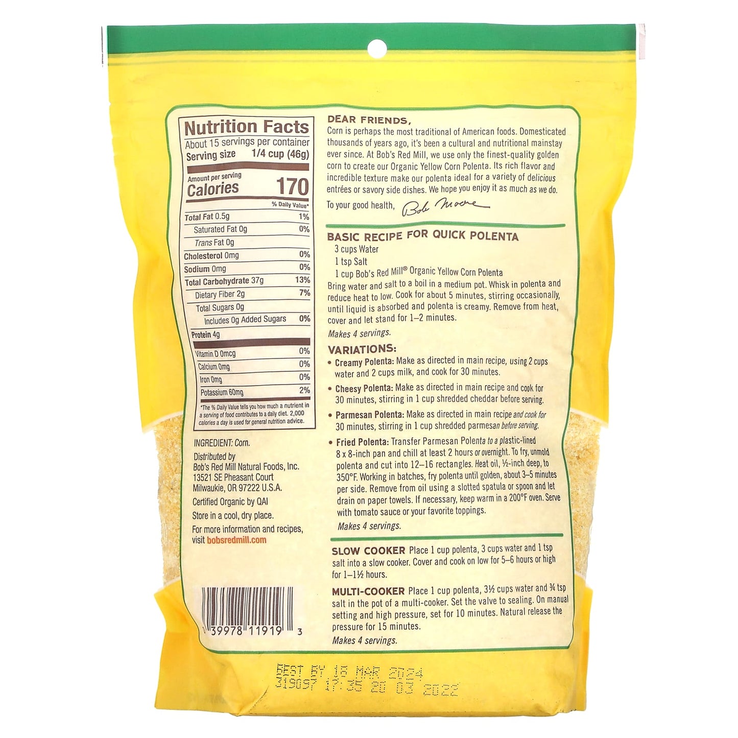 Organic Yellow Corn Polenta by Bob's Red Mill - 24 oz (680g) - Image 2
