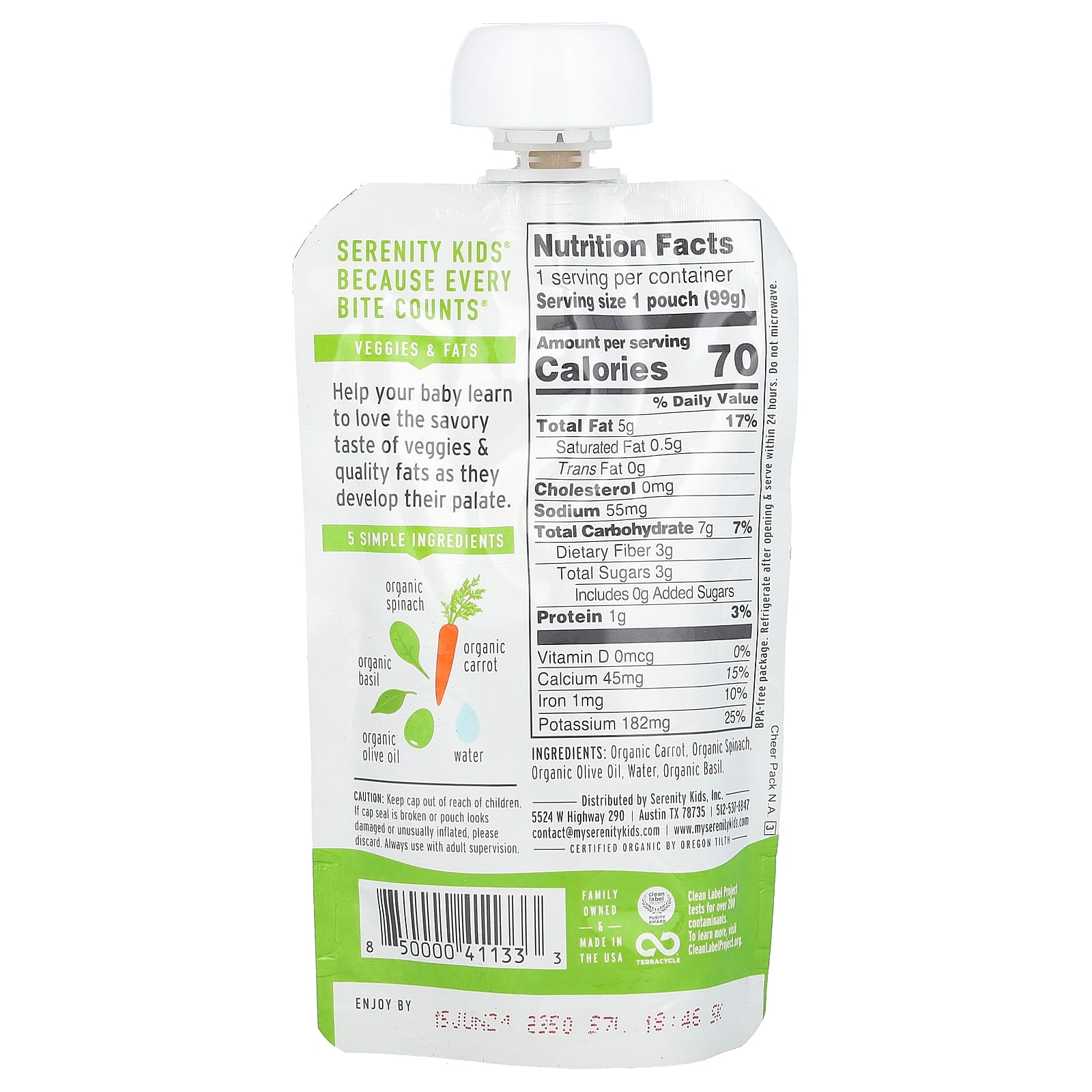 Serenity Kids, Organic Carrot, Spinach & Basil with Olive Oil,  6+ Months, 3.5 oz (99 g) - Image 2