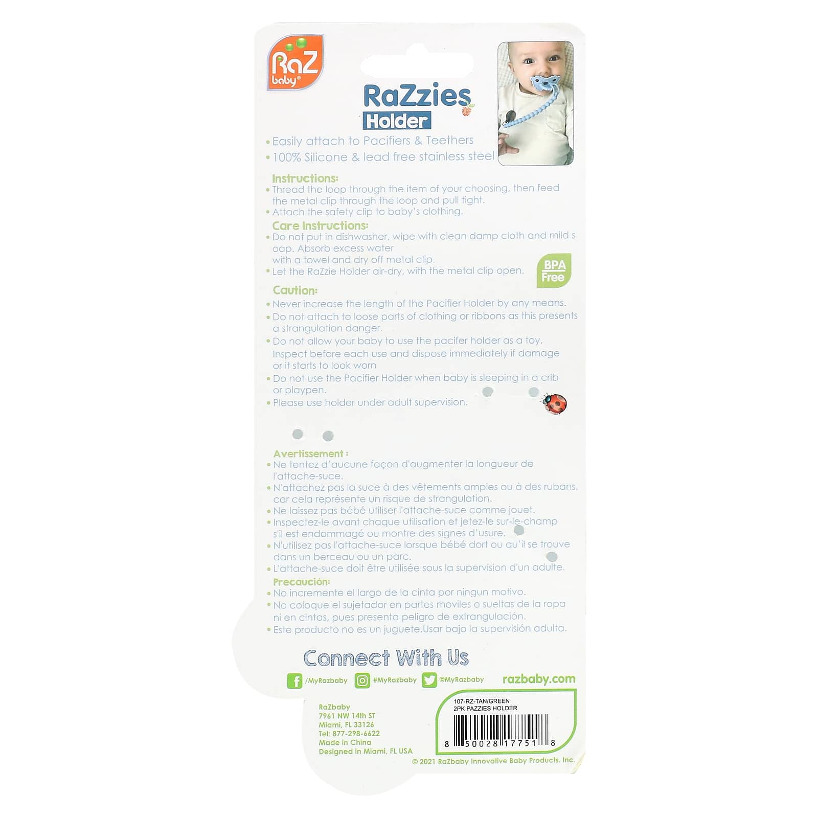 RaZbaby, RaZzies Pacifier Holder, 0m+, Green/Beige, 2 Holders - Image 2