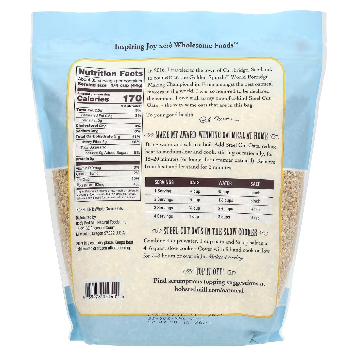Bob's Red Mill, Steel Cut Oats, Whole Grain, 54 oz (1.53 kg)