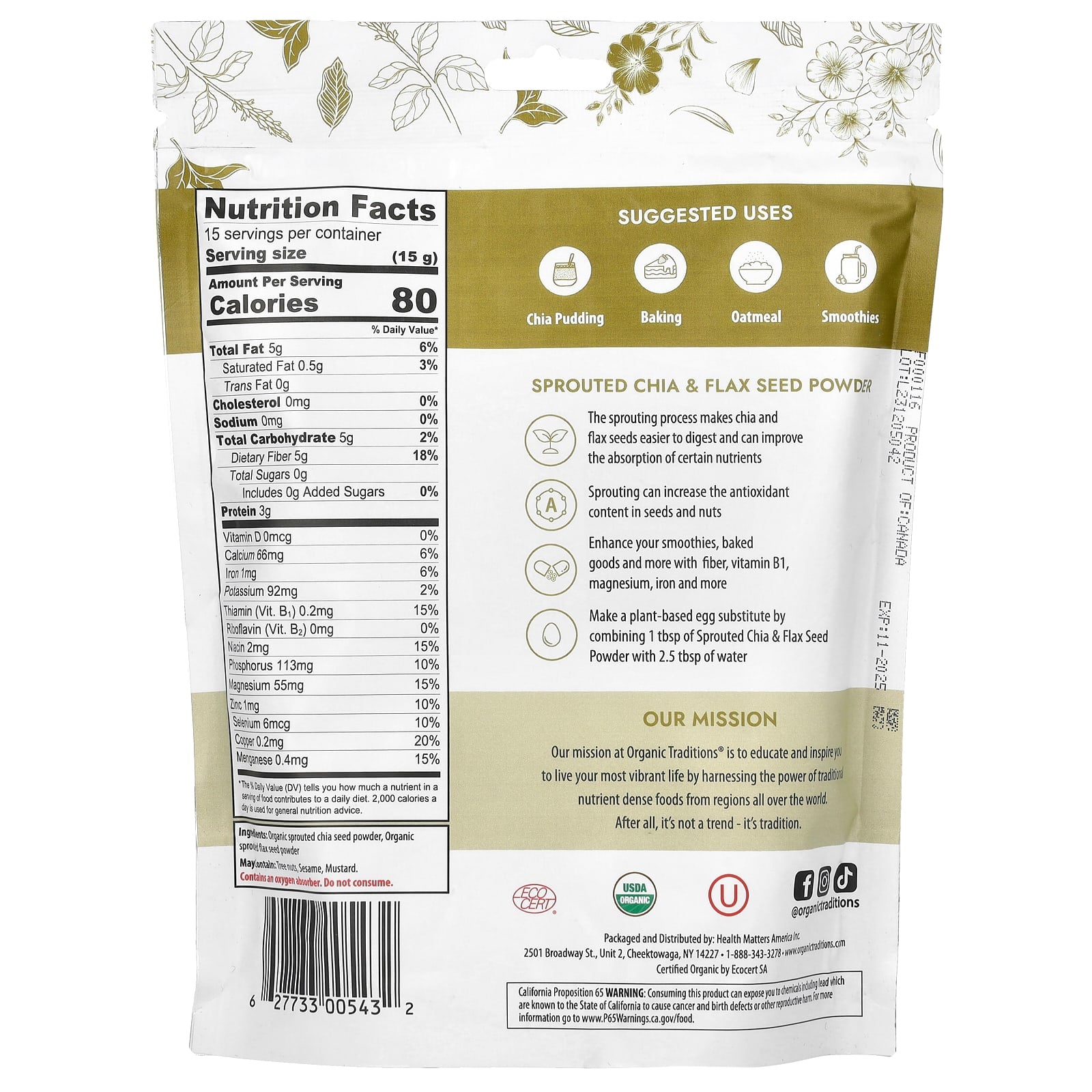 Organic Traditions, Sprouted Chia & Flax Seed Powder, 16 oz (454 g) - Image 2