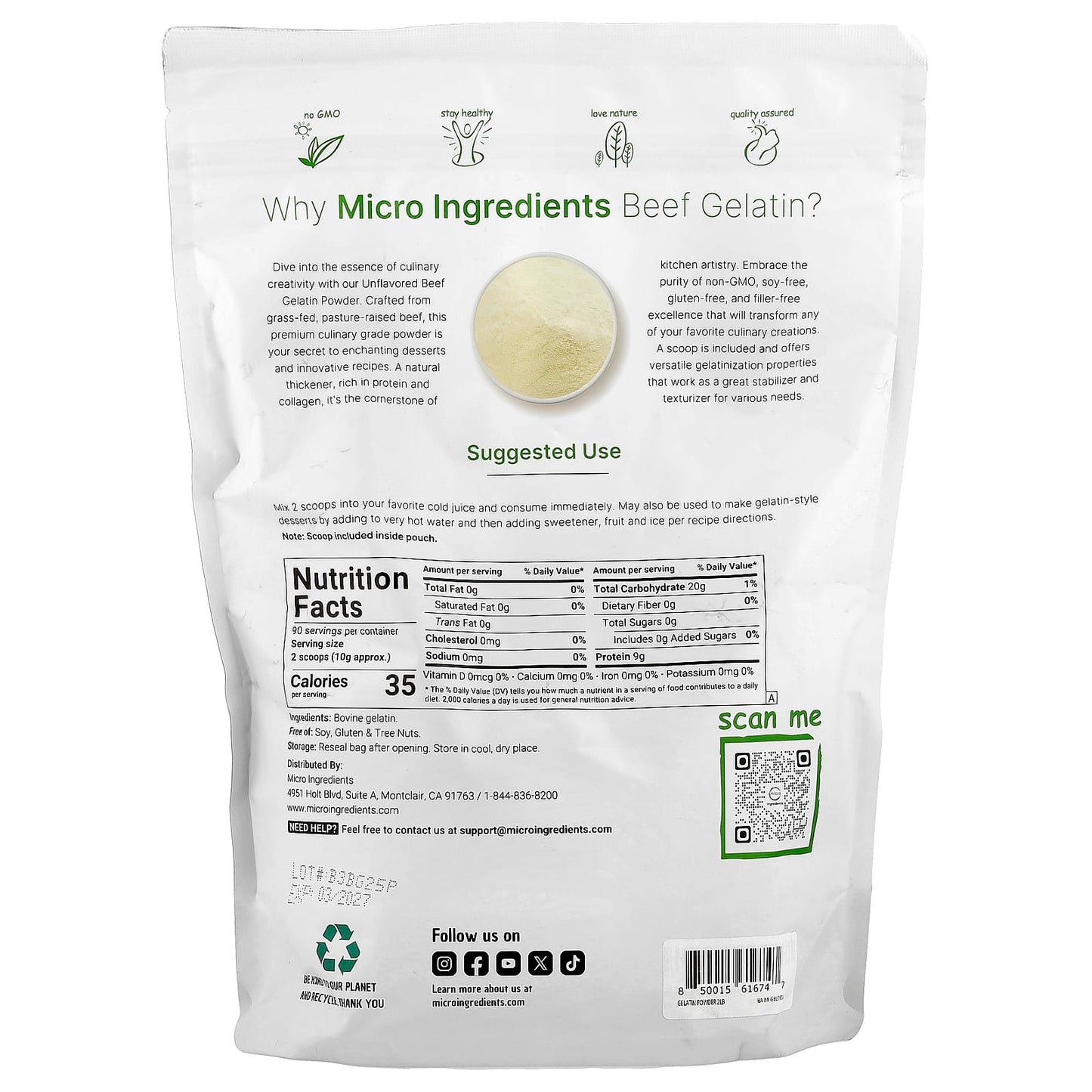 Micro Ingredients, Beef Gelatin Powder, Unflavored, 2 lb (907 g) - Image 2