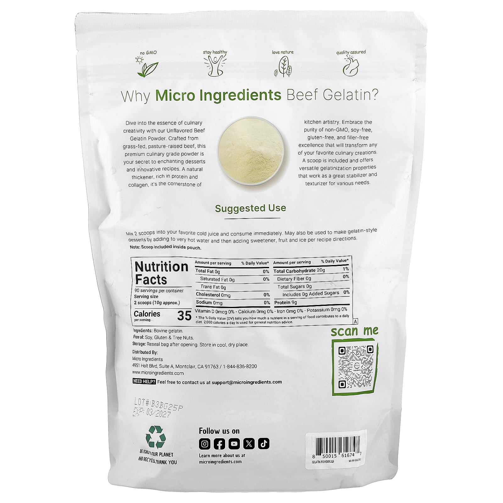 Micro Ingredients, Beef Gelatin Powder, Unflavored, 2 lb (907 g) - Image 2
