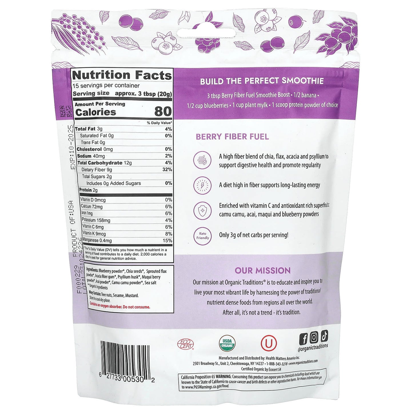 Organic Traditions, Fiber Fuel Smoothie Boost, Berry, 10.6 oz (300 g) - Image 2