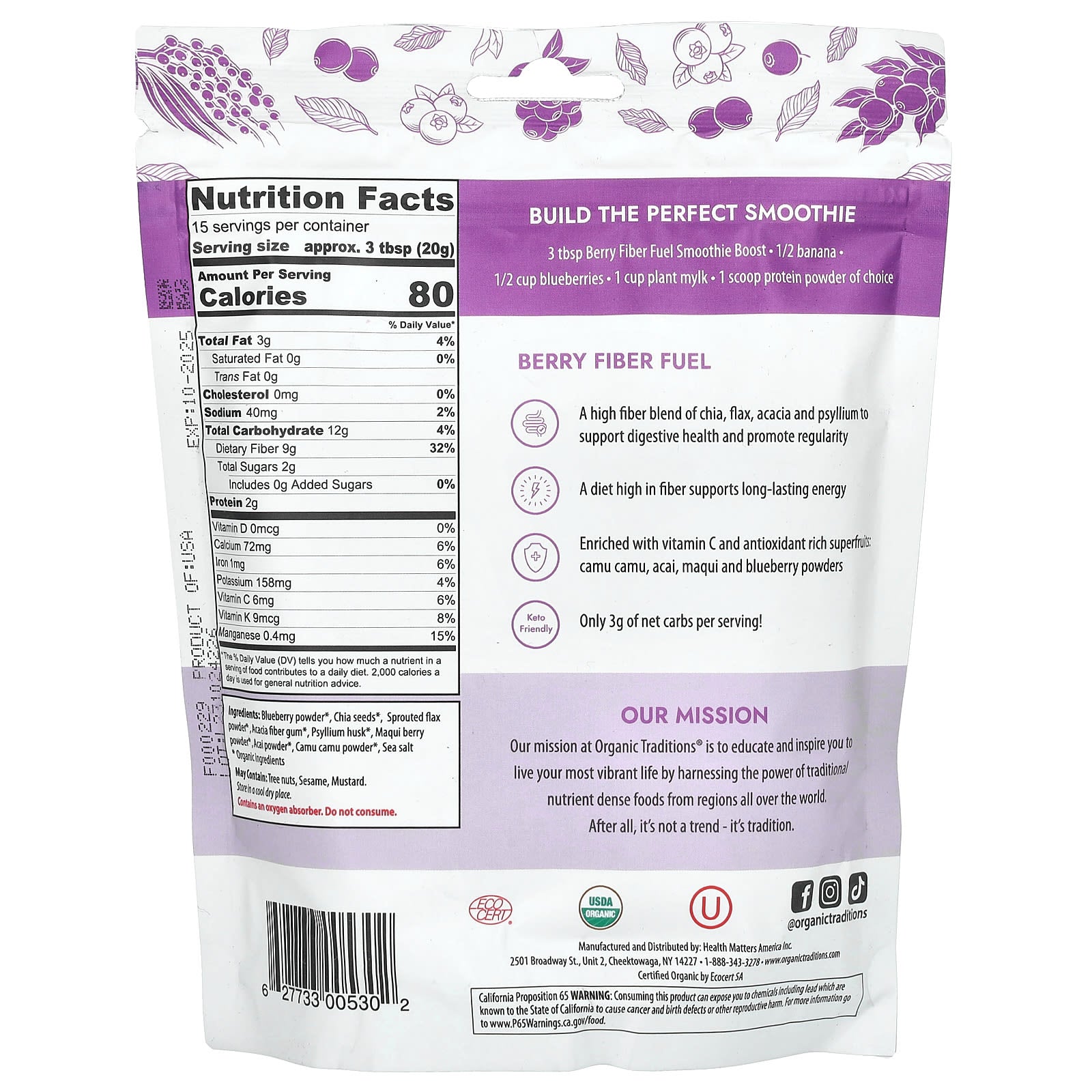 Organic Traditions, Fiber Fuel Smoothie Boost, Berry, 10.6 oz (300 g) - Image 2