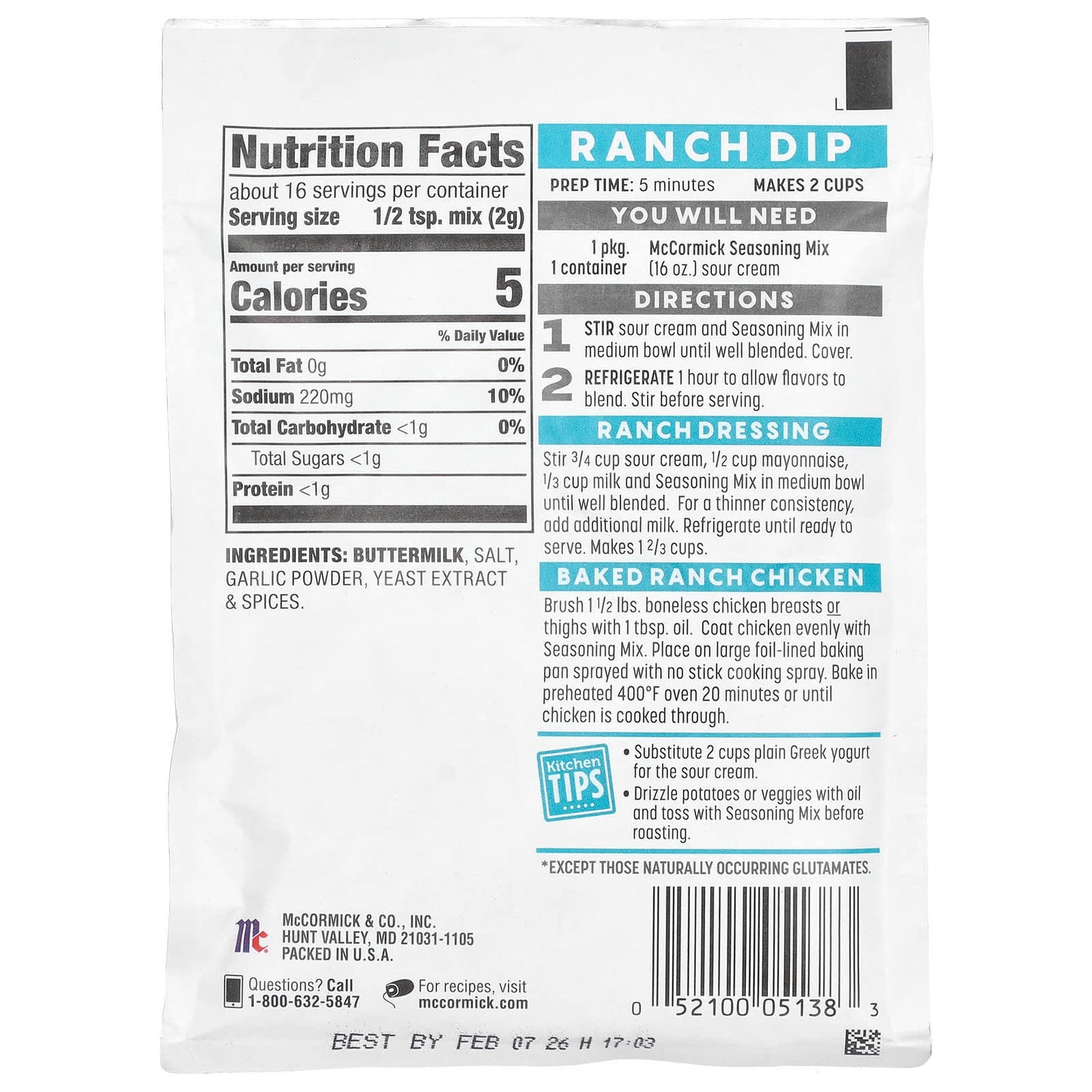 McCormick, Just 5 Simple Ingredients, Dip, Dressing & Seasoning Mix, Homestyle Ranch, 1.25 oz (35 g) - Image 2