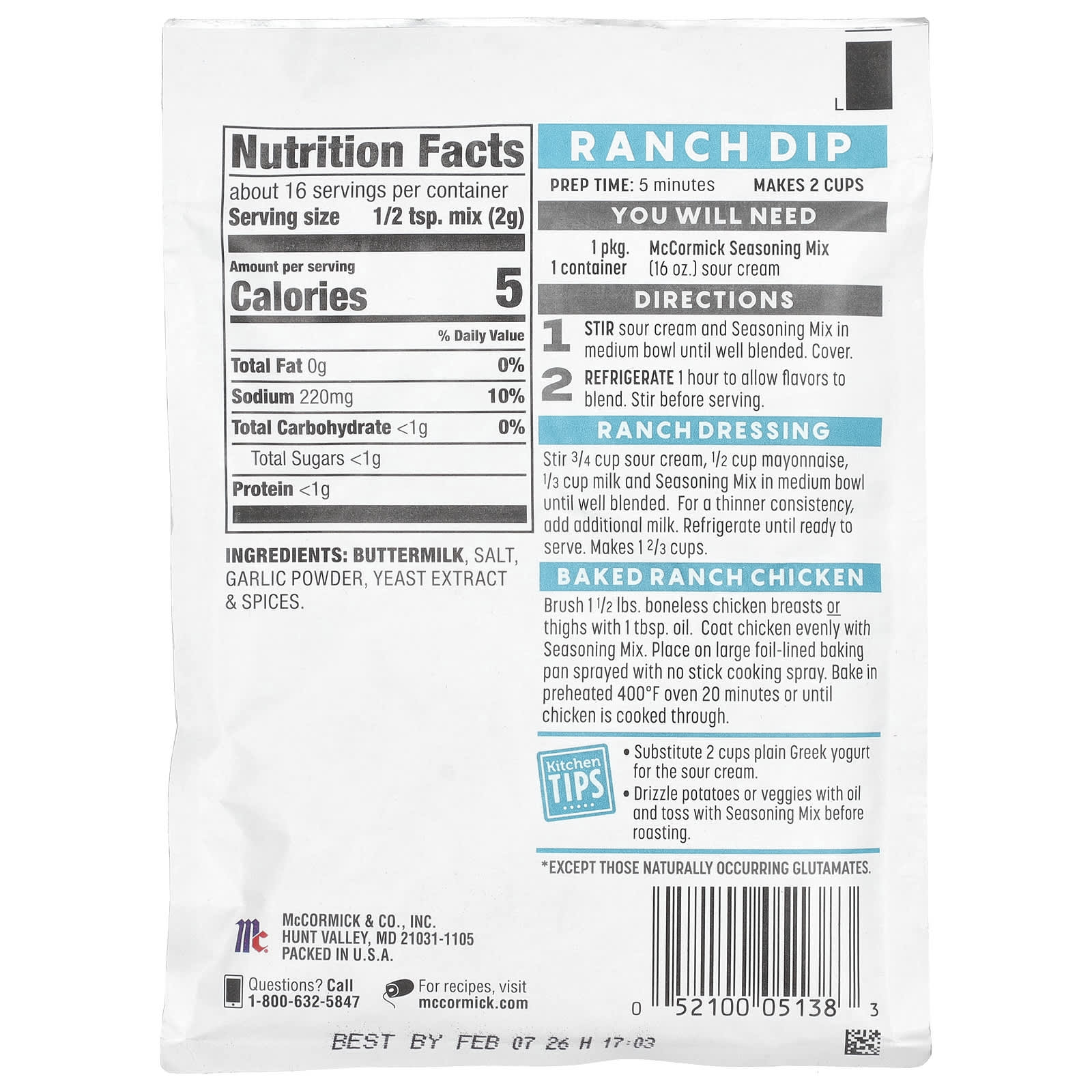 McCormick, Just 5 Simple Ingredients, Dip, Dressing & Seasoning Mix, Homestyle Ranch, 1.25 oz (35 g) - Image 2