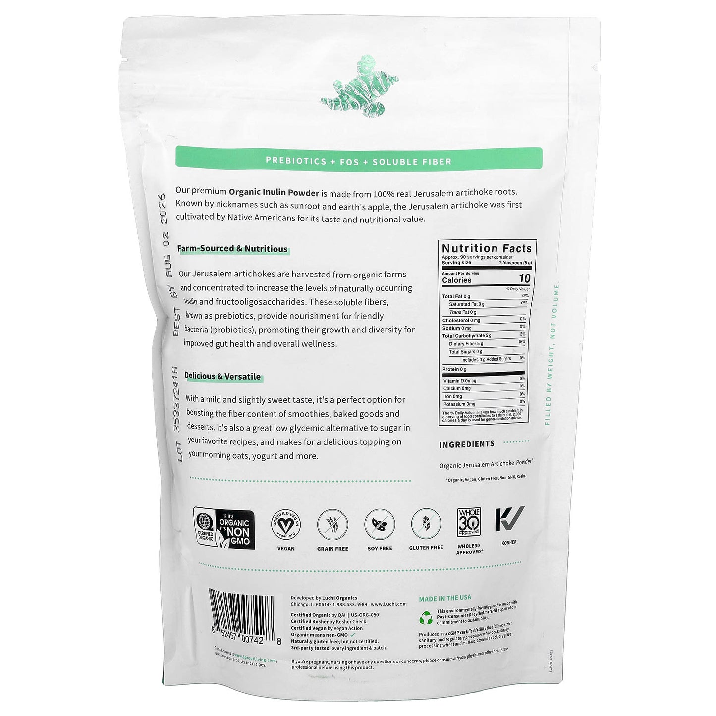 Sprout Living, Organic Prebiotic Inulin, Superfood Powder, 1 lb (454 g) - Image 2