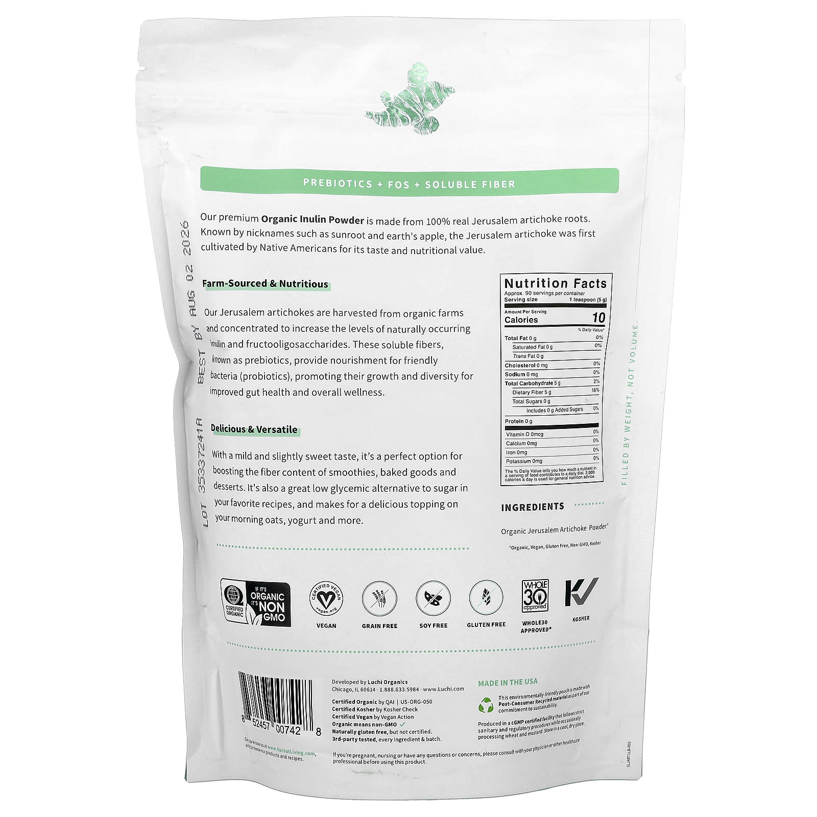 Sprout Living, Organic Prebiotic Inulin, Superfood Powder, 1 lb (454 g) - Image 2