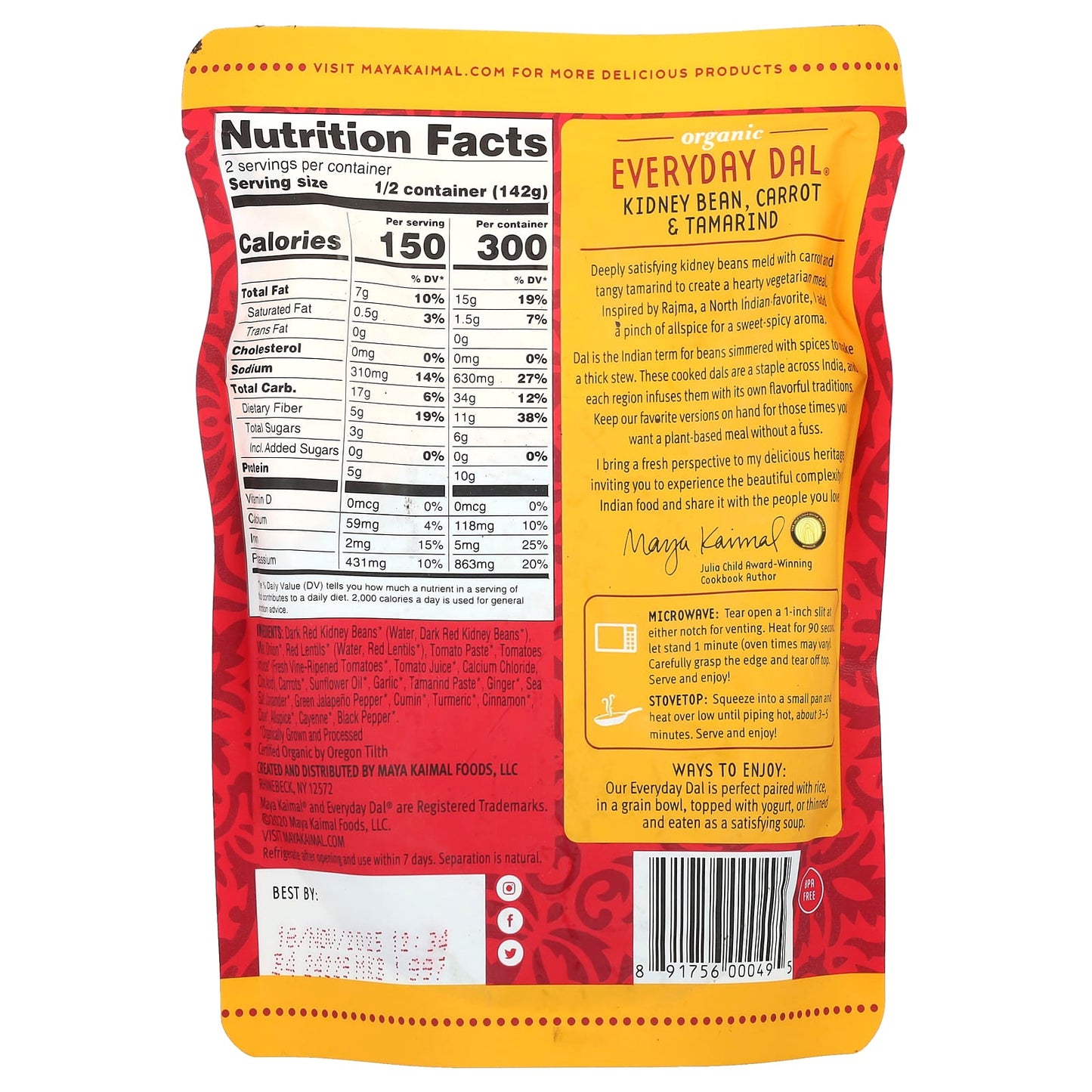 Maya Kaimal, Organic, Everyday Dal®, Kidney Beans, Carrots, Tamarind, Mild , 10 oz (284 g) - Image 2