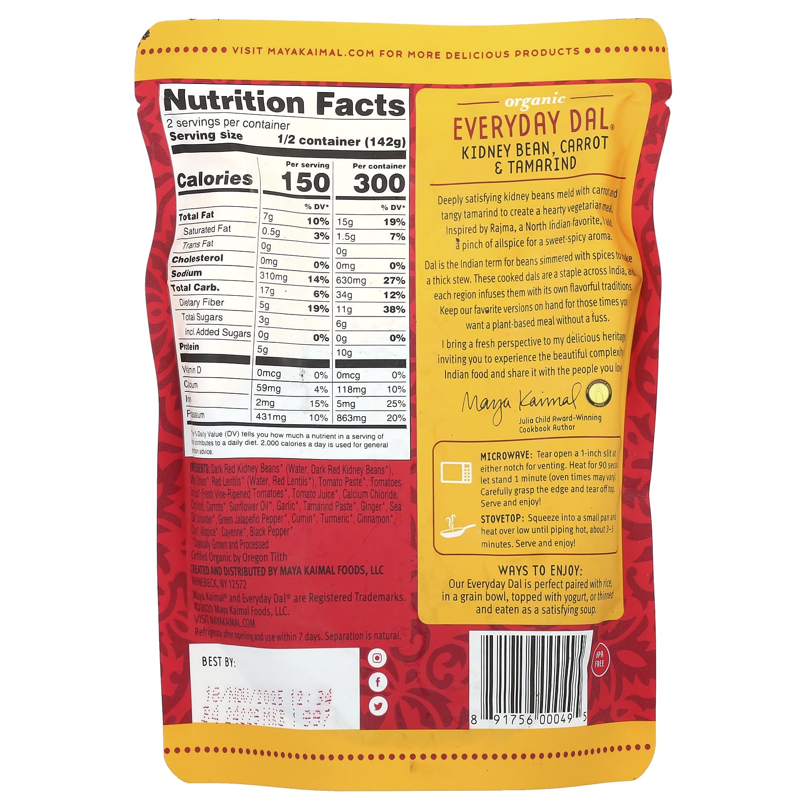 Maya Kaimal, Organic, Everyday Dal®, Kidney Beans, Carrots, Tamarind, Mild , 10 oz (284 g) - Image 2