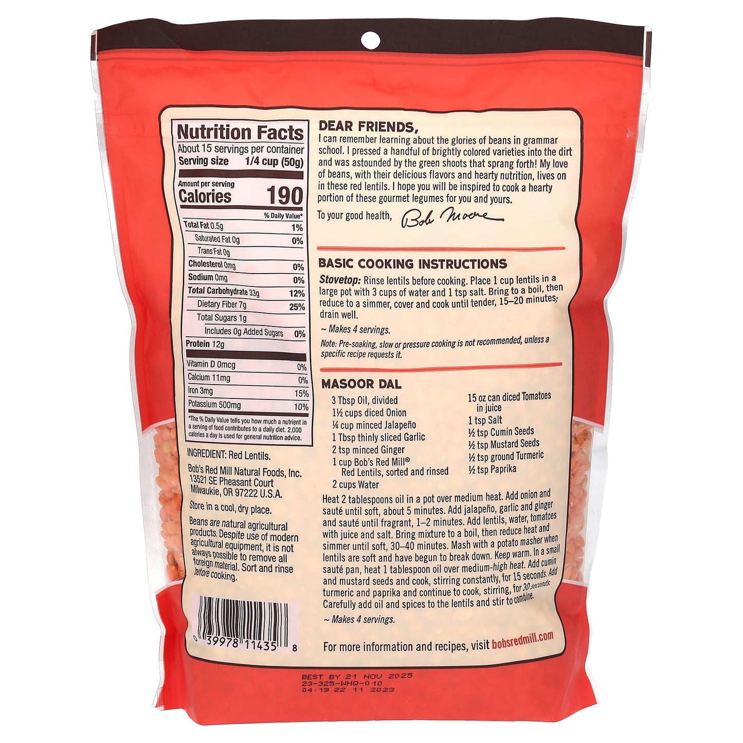 High Fiber Red Lentils by Bob's Red Mill - 27 oz (765 g) - Image 2