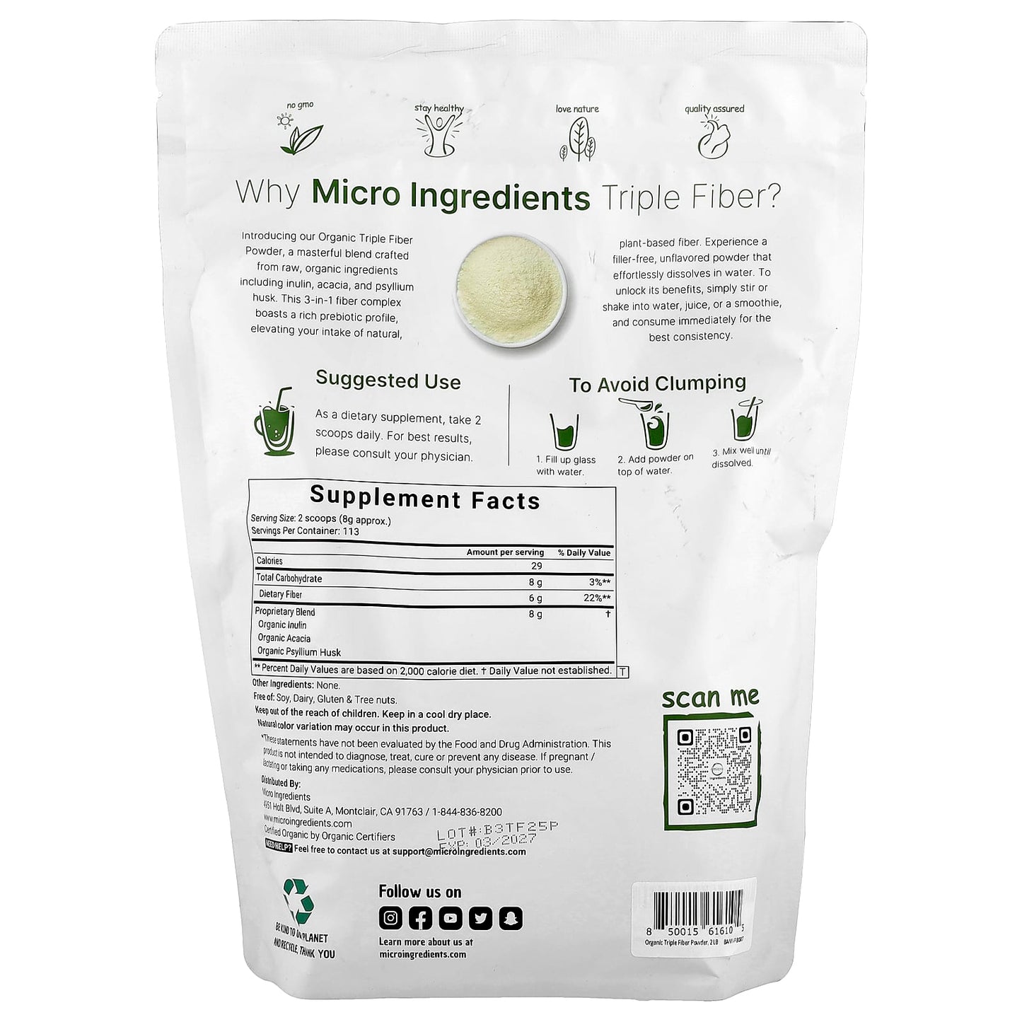 Micro Ingredients, Organic Triple Fiber, 2 lb (907 g) - Image 2