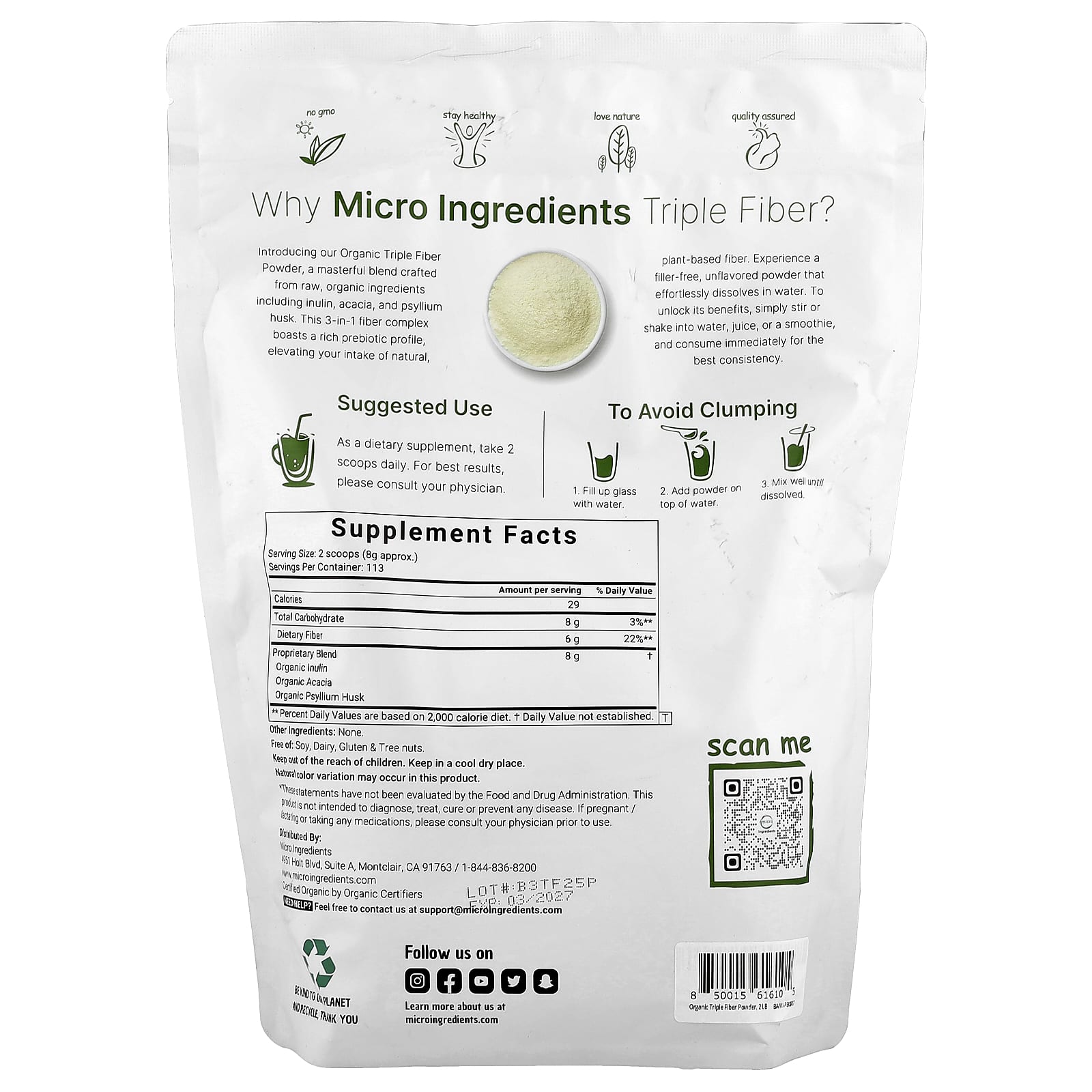 Micro Ingredients, Organic Triple Fiber, 2 lb (907 g) - Image 2
