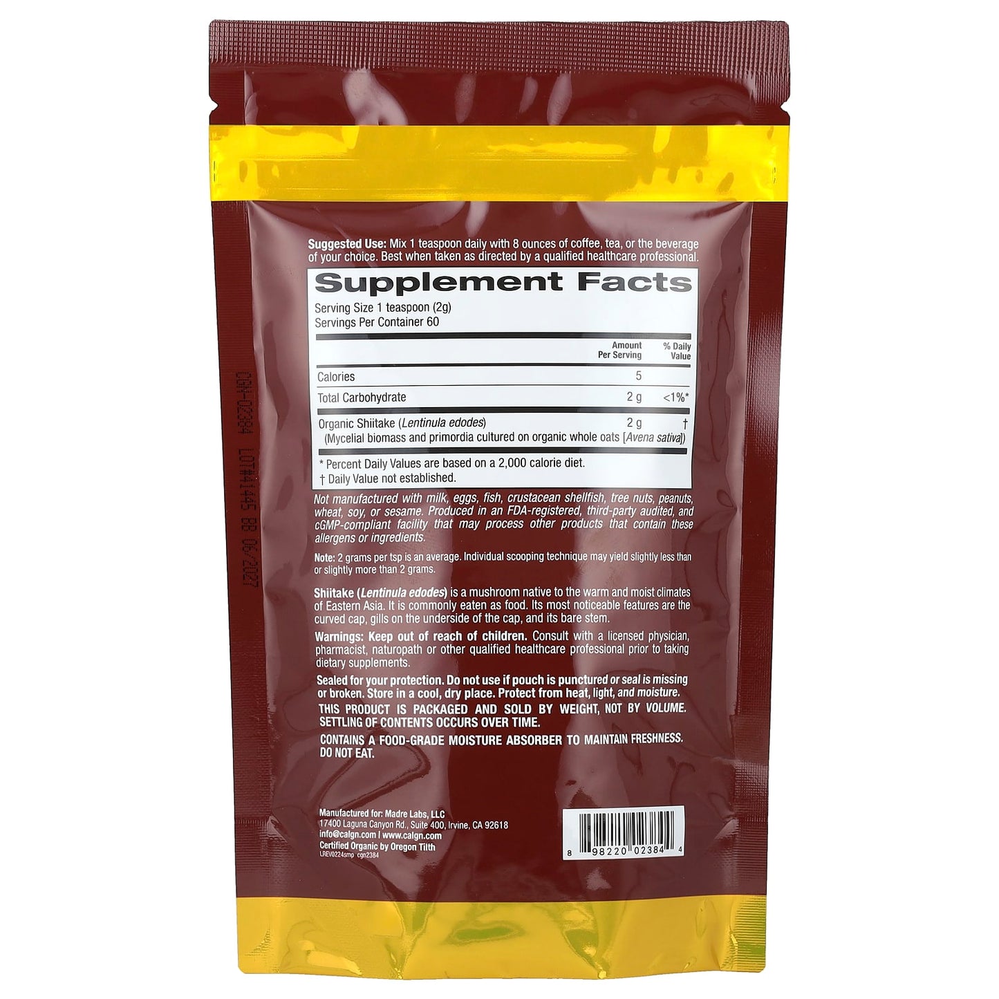 Certified Organic Shiitake Powder for Immunity - California Gold Nutrition - Image 2