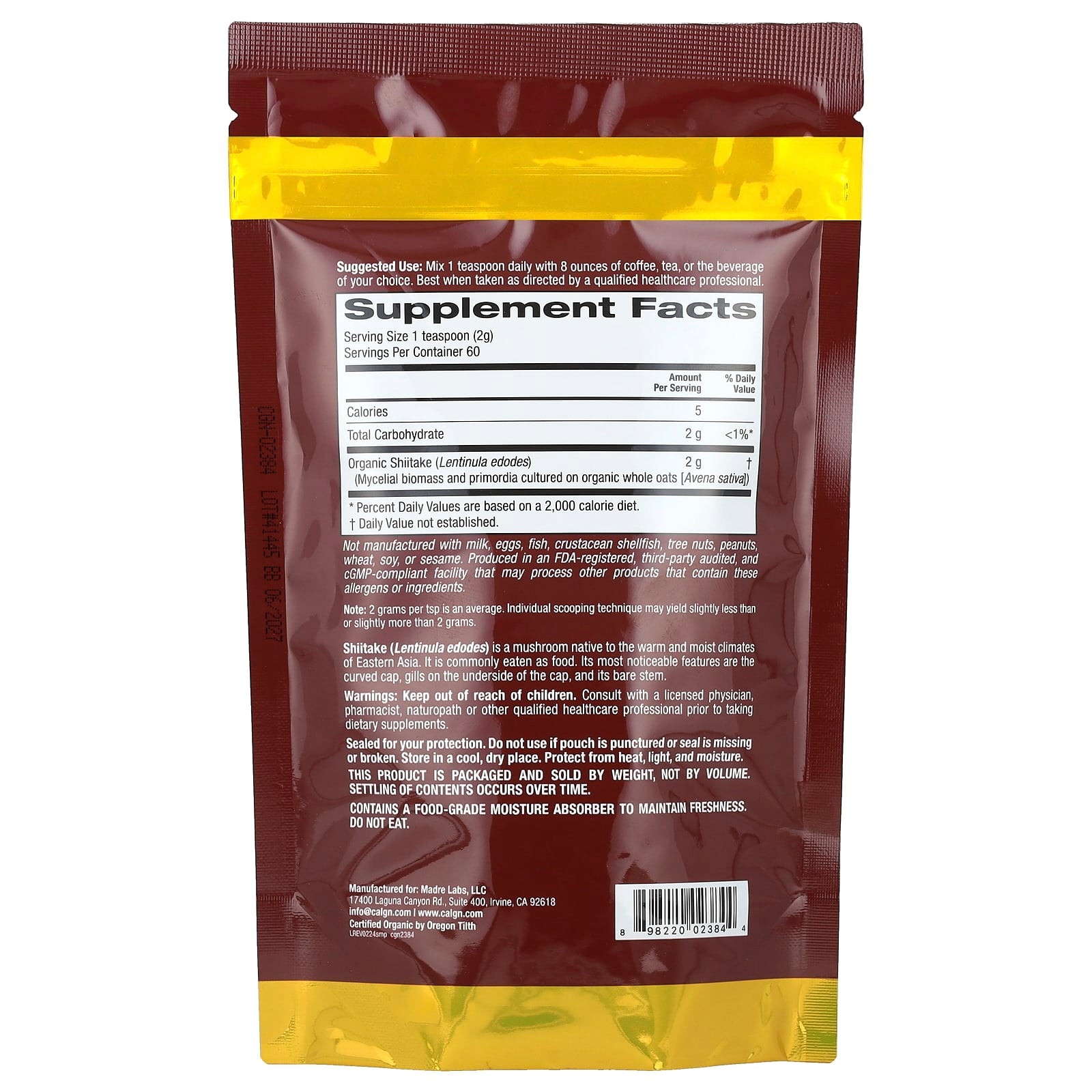 Certified Organic Shiitake Powder for Immunity - California Gold Nutrition - Image 2