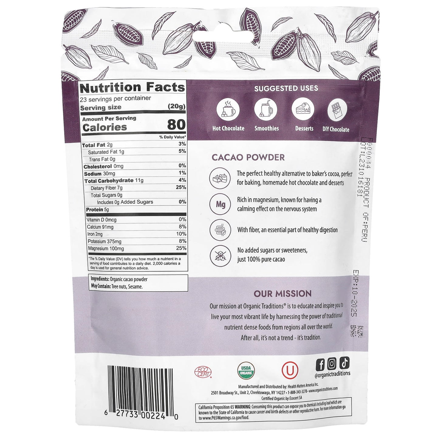 Organic Traditions, Cacao Powder, 8 oz (227 g) - Image 2