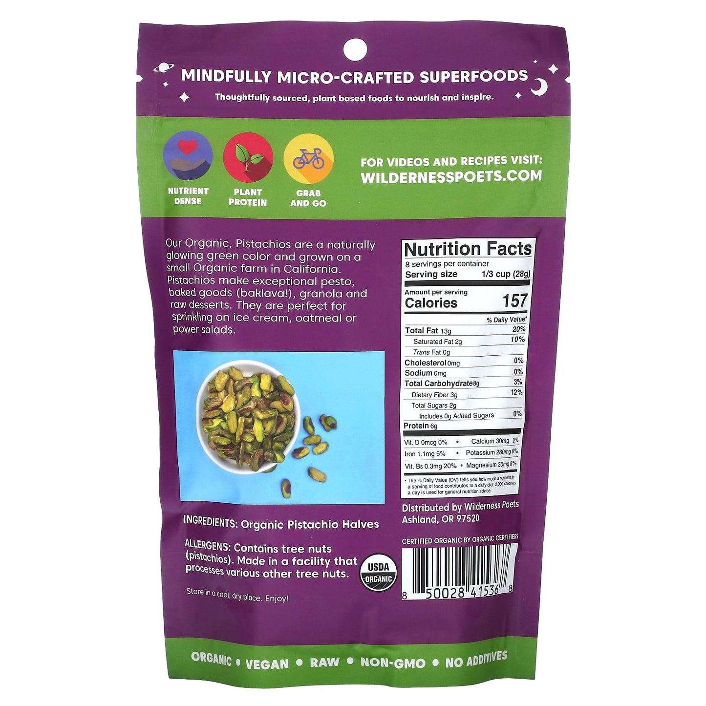 Wilderness Poets, Organic California Pistachios, Bright Green Halves, Unsalted, 8 oz (226 g) - Image 2