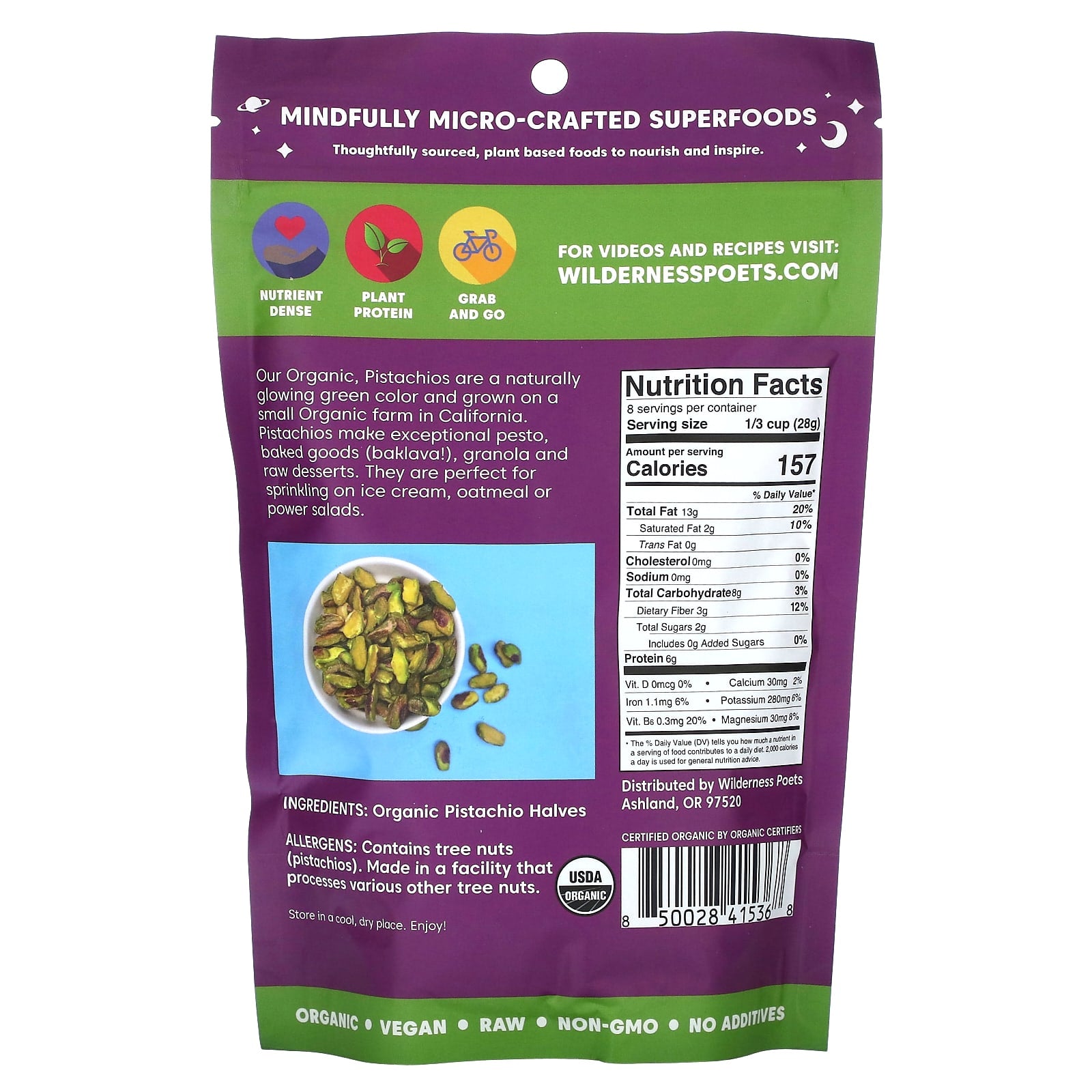 Wilderness Poets, Organic California Pistachios, Bright Green Halves, Unsalted, 8 oz (226 g) - Image 2